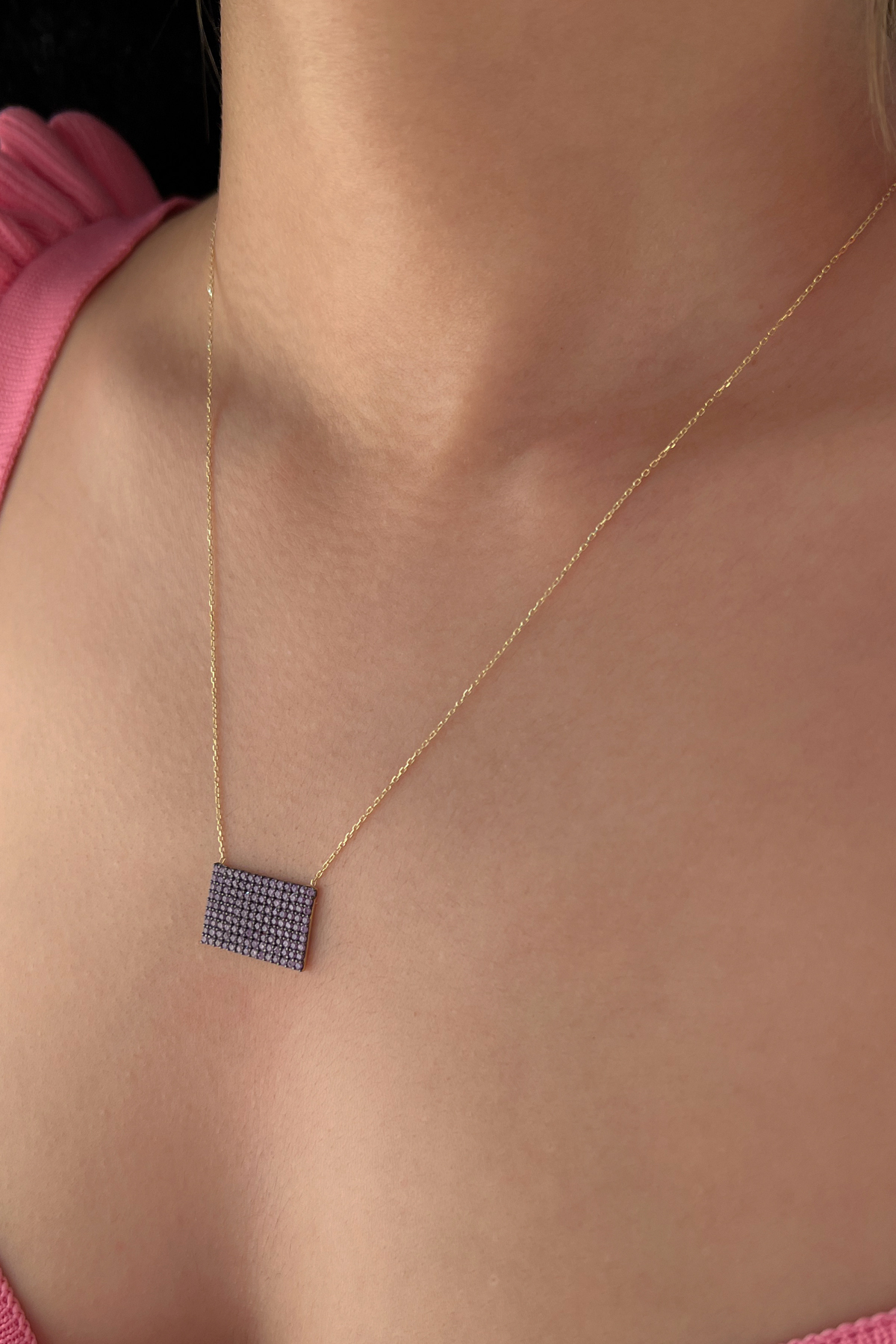 14 Ayar Altın Ametist Taşlı Dikdörtgen Kolye - Fiyonk Kuyumculuk