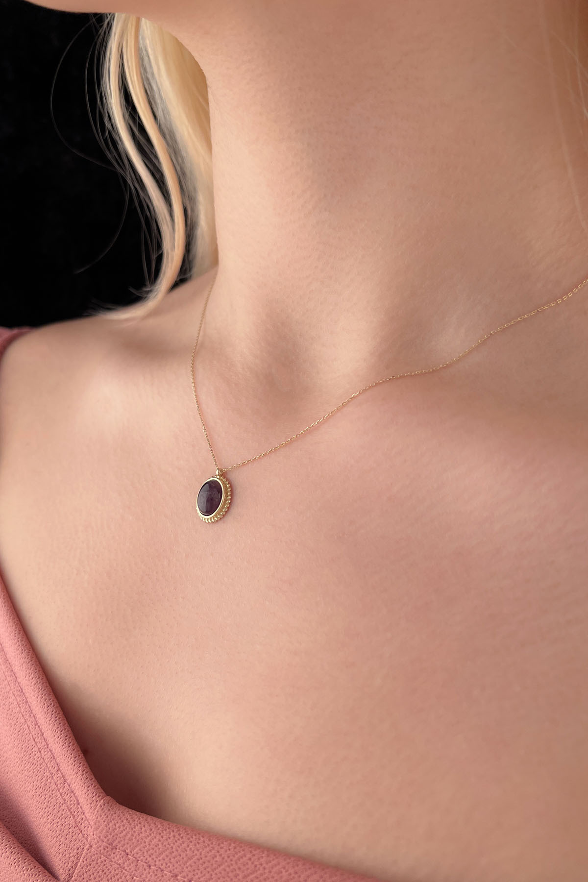 14 Ayar Altın Ametist Taşlı Kolye - Fiyonk Kuyumculuk