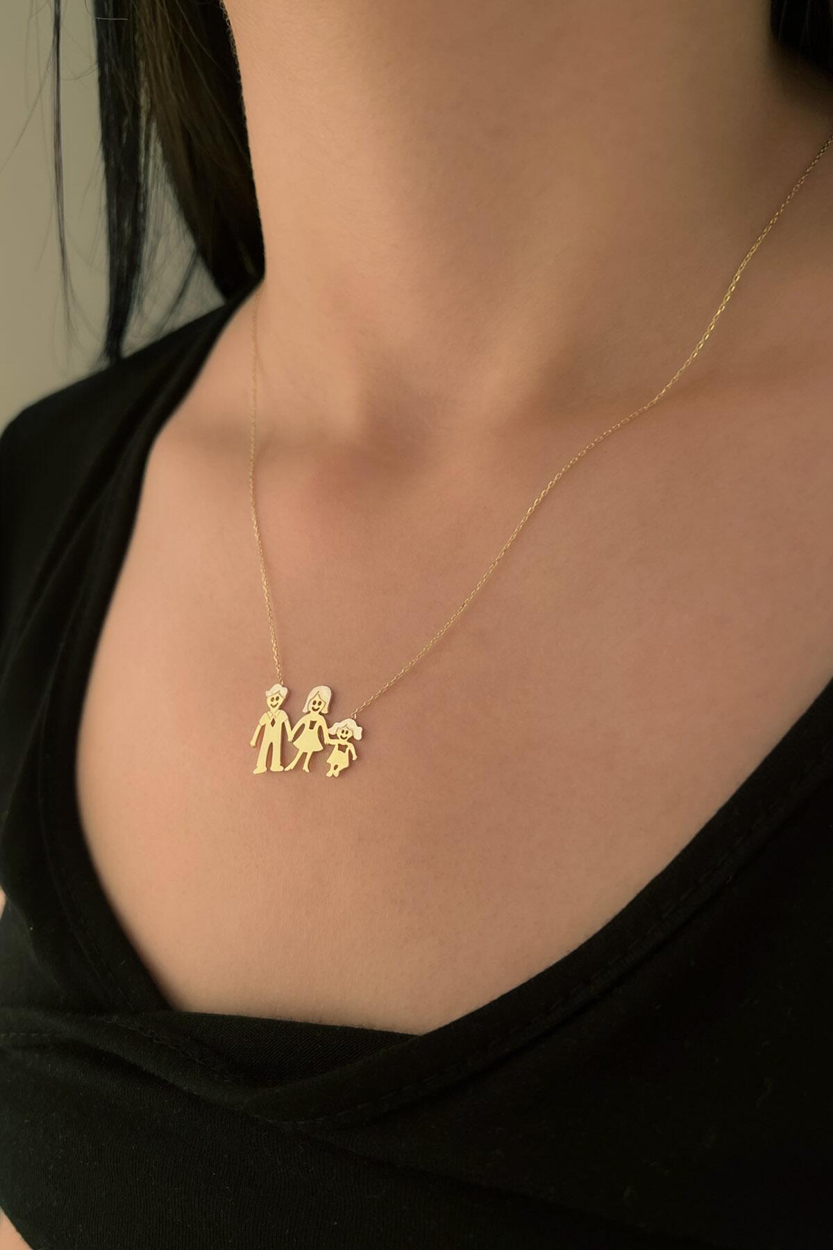 14 Ayar Altın Anne Baba Ve Kız Çocuk Kolye - Fiyonk Kuyumculuk