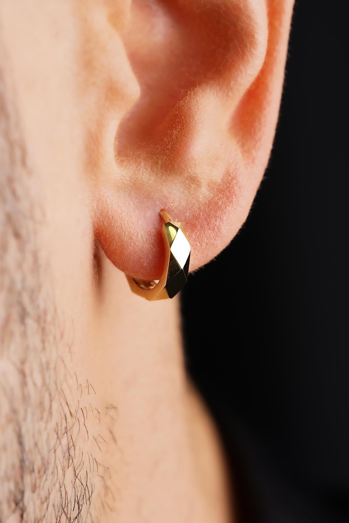 14 Ayar Altın Asimetrik Kesim Halka Küpe Erkek - Fiyonk Kuyumculuk