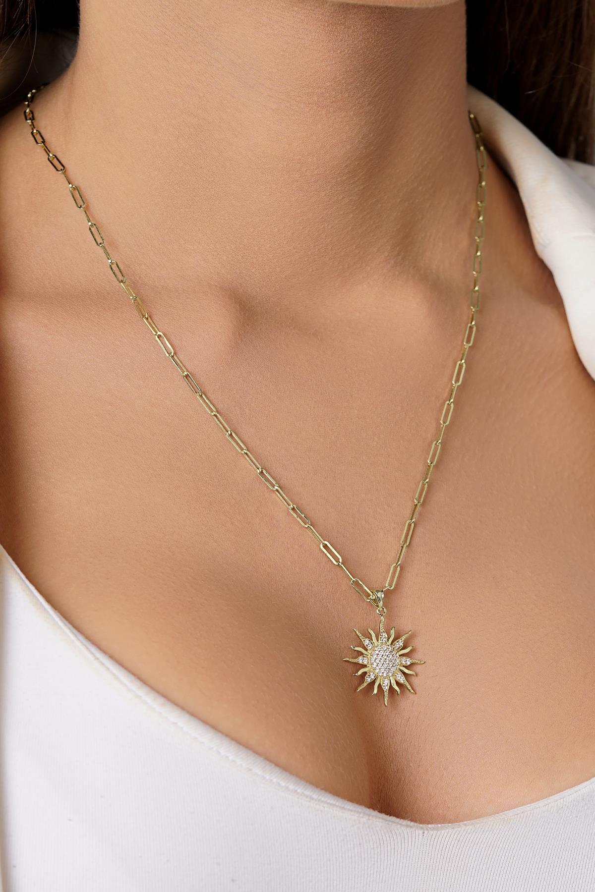 14 Ayar Altın Ataç Zincirde Güneş Kolye - Fiyonk Kuyumculuk