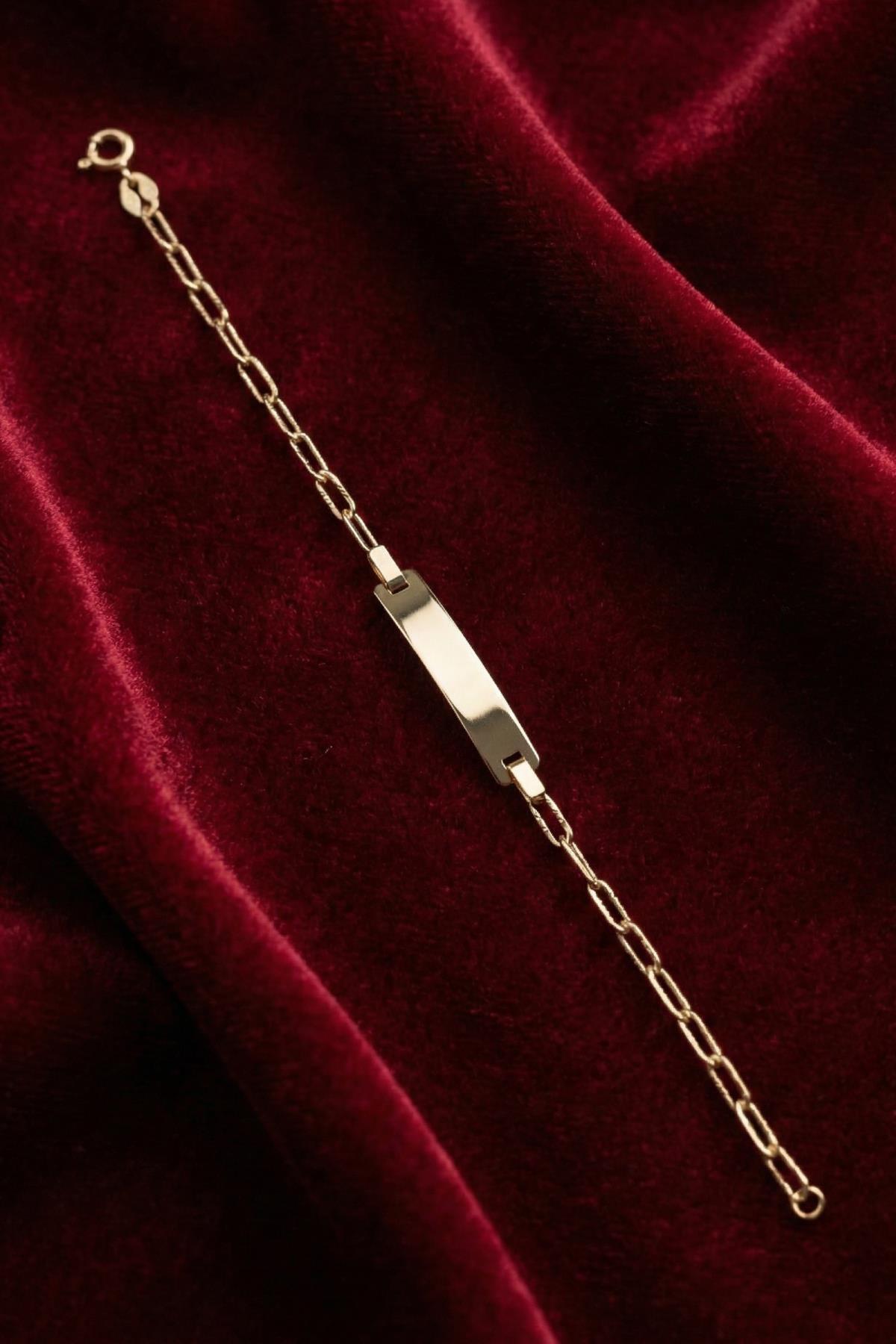 14 Ayar Altın Ataç Zincirli Dikdörtgen Plaka Bebek Çocuk Künyesi - Fiyonk Kuyumculuk (1)