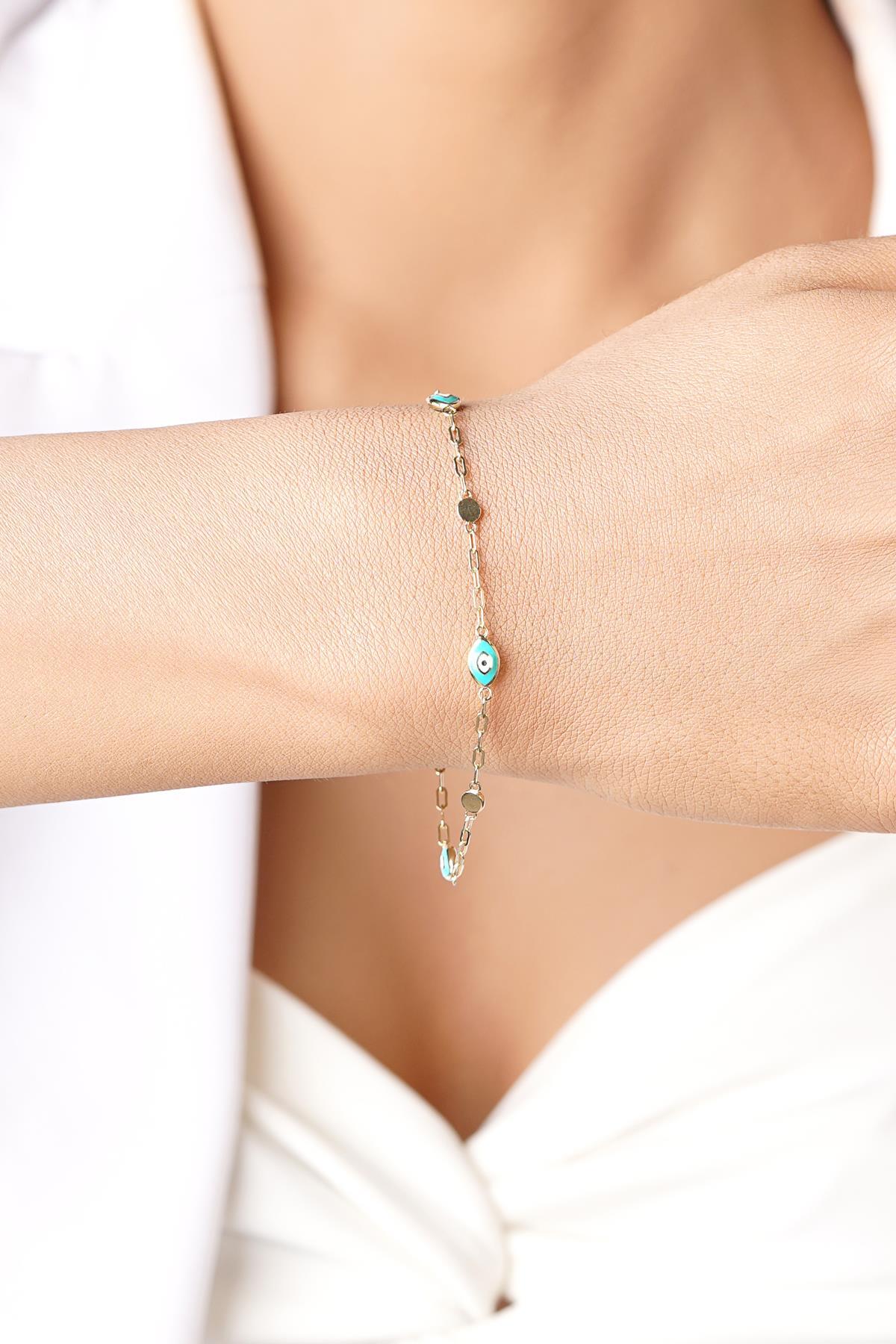 14 Ayar Altın Ataç Zincirli Nazarlık Bileklik - Fiyonk Kuyumculuk