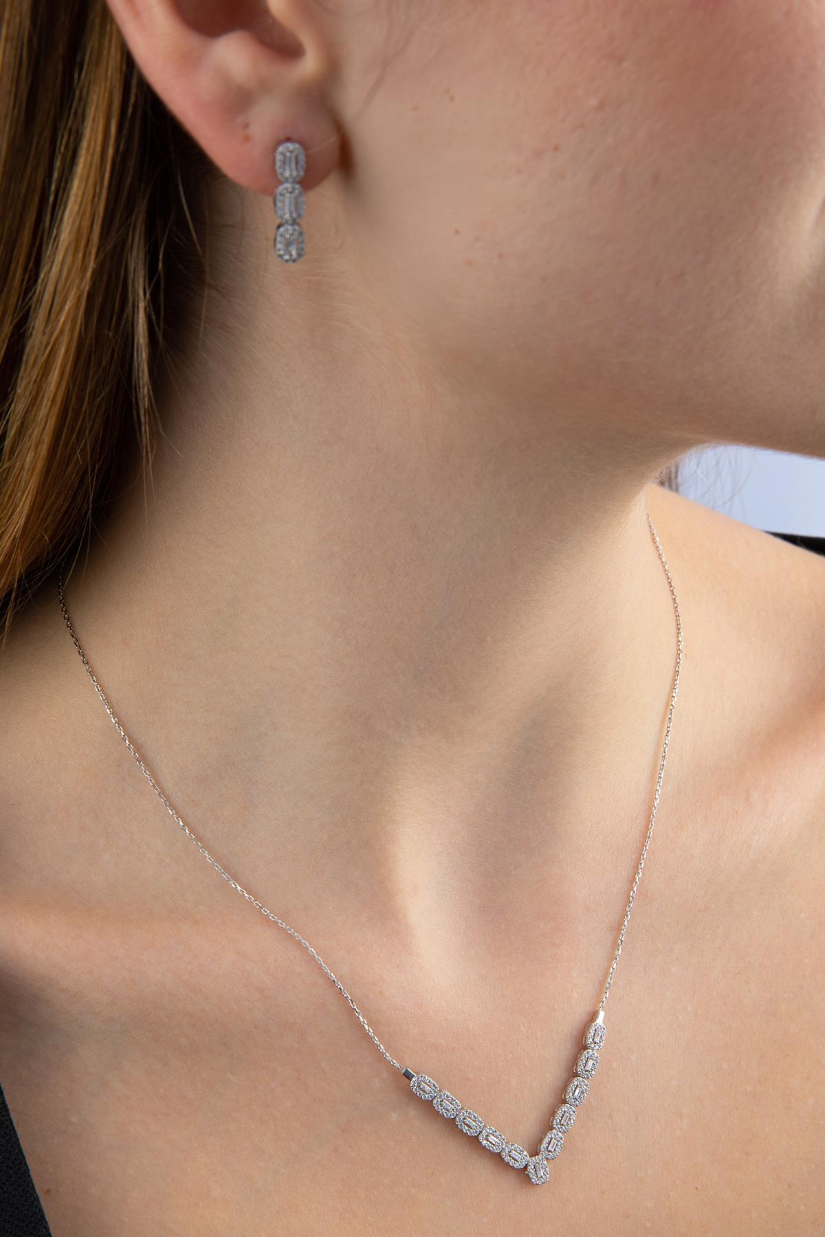 14 Ayar Altın Baget Dizisi Set (Kolye - Küpe ) - Fiyonk Kuyumculuk