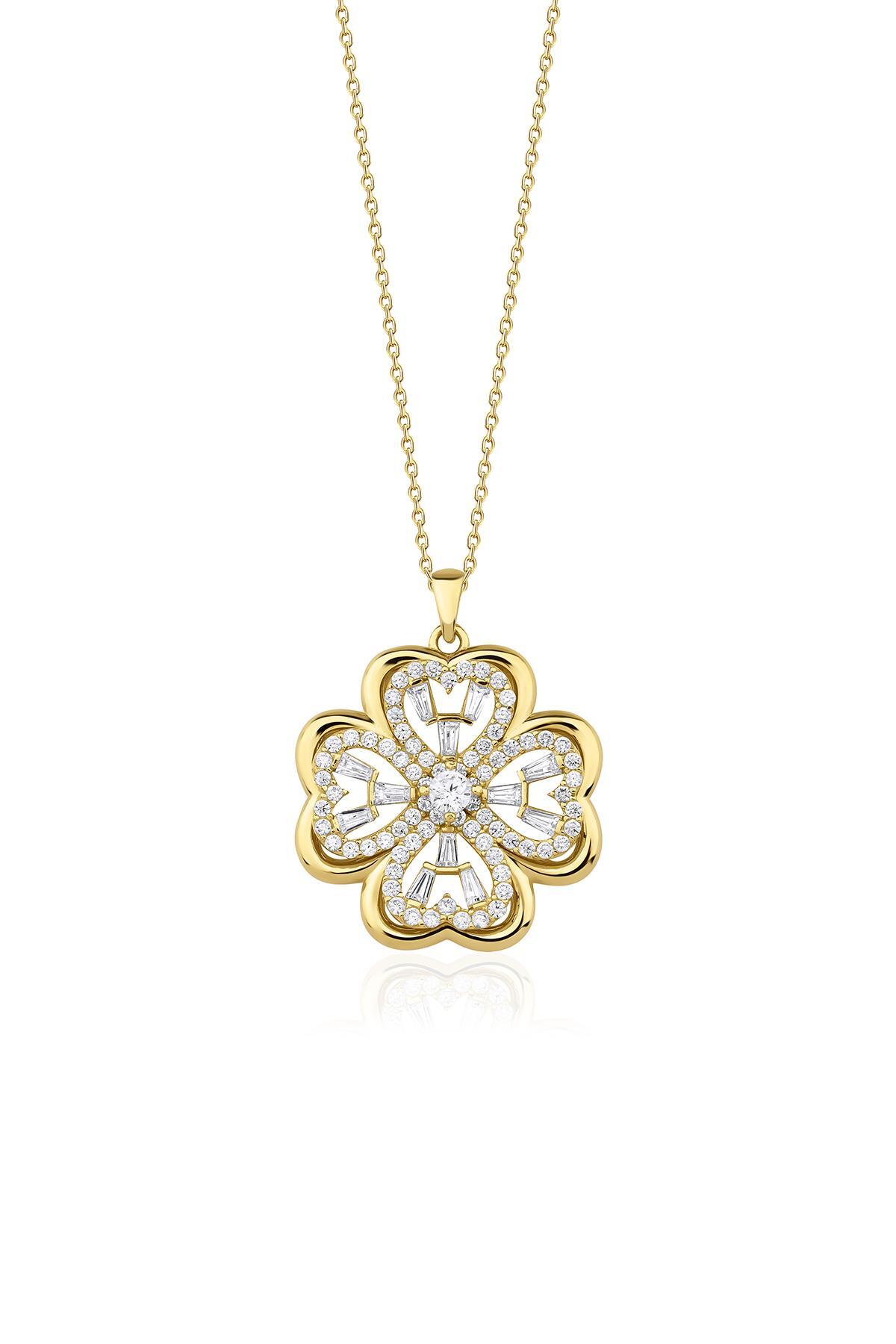 14 Ayar Altın Baget Taşlı Modern Yonca Kolye - Fiyonk Kuyumculuk