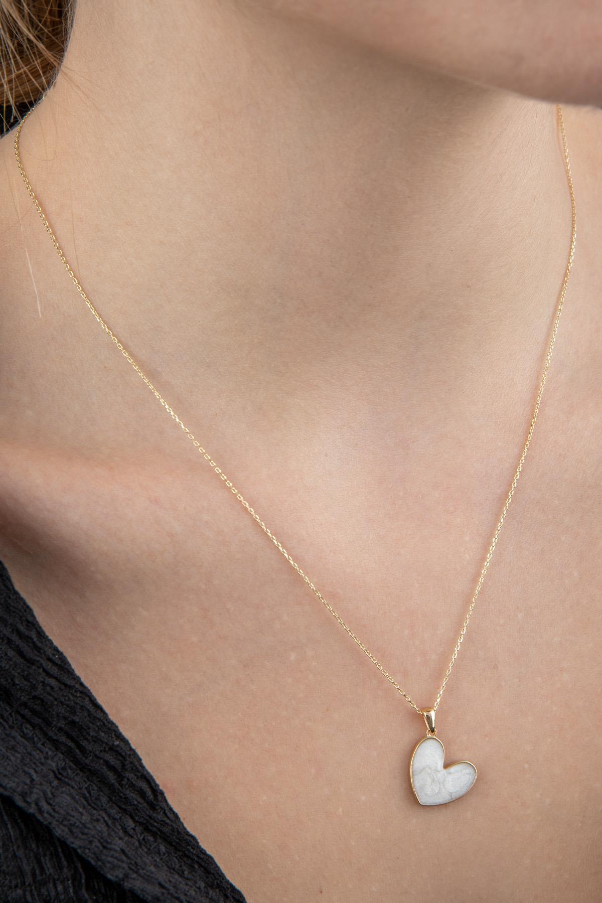 14 Ayar Altın Beyaz Mineli Kalp Kolye - Fiyonk Kuyumculuk