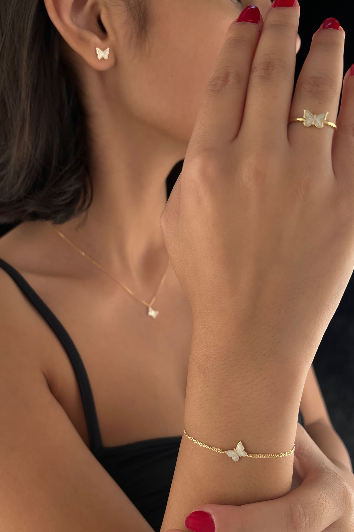 14 Ayar Altın Beyaz Mineli Kelebek Set - Fiyonk Kuyumculuk