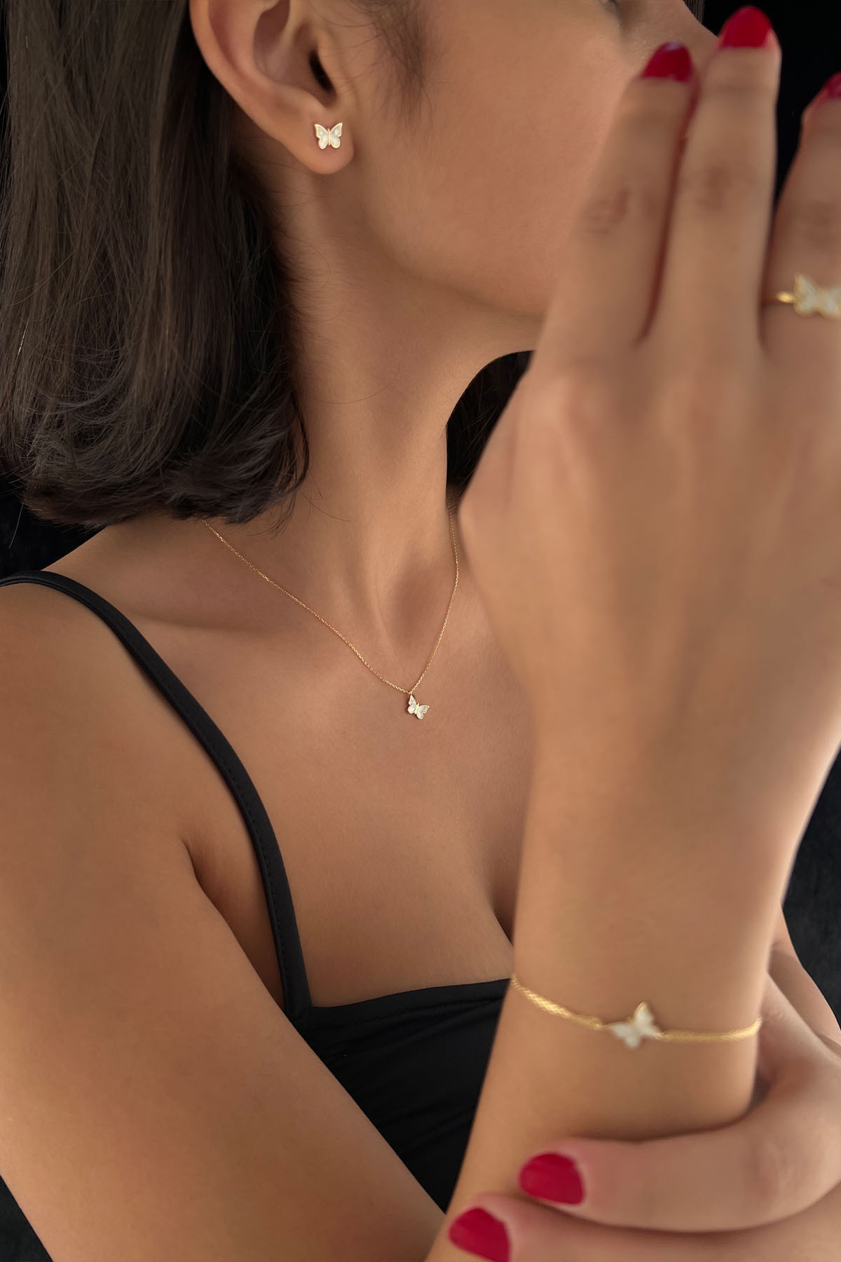 14 Ayar Altın Beyaz Mineli Kelebek Set - Fiyonk Kuyumculuk (1)