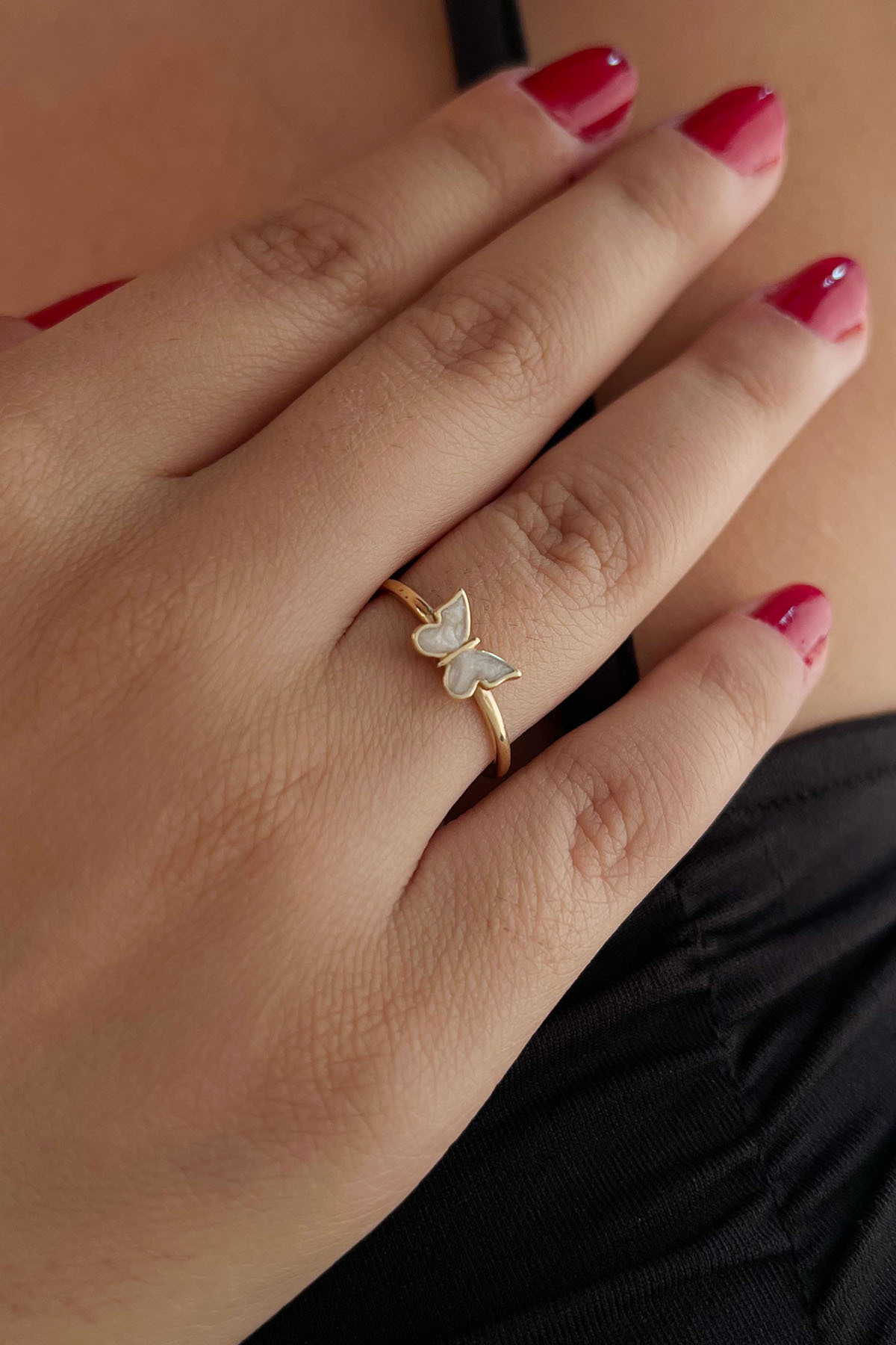 14 Ayar Altın Beyaz Mineli Kelebek Yüzük - Fiyonk Kuyumculuk (1)