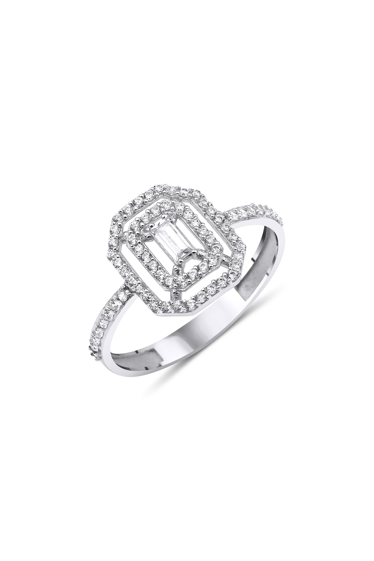 14 Ayar Altın Beyaz Şerit Detaylı Baget Yüzük - Fiyonk Kuyumculuk