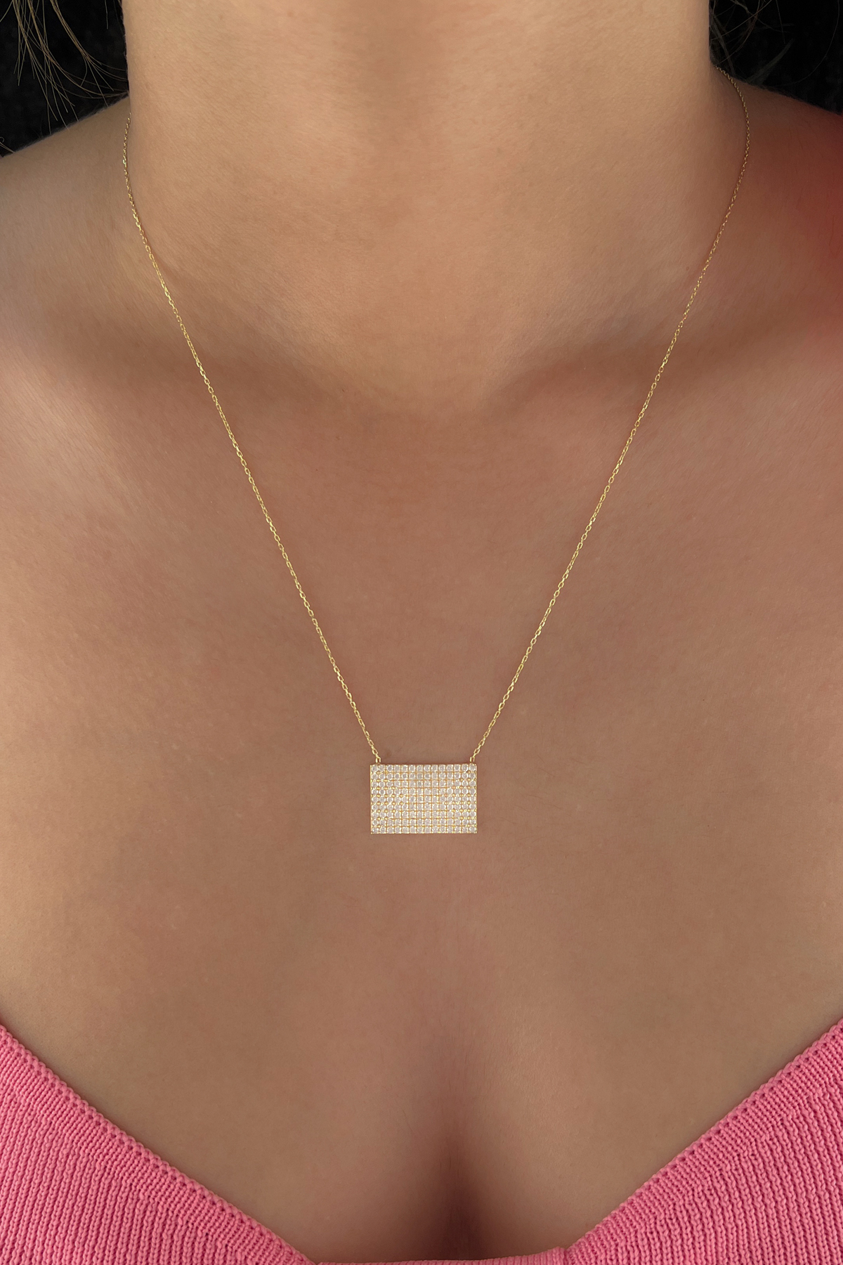 14 Ayar Altın Beyaz Taşlı Dikdörtgen Kolye - Fiyonk Kuyumculuk (1)