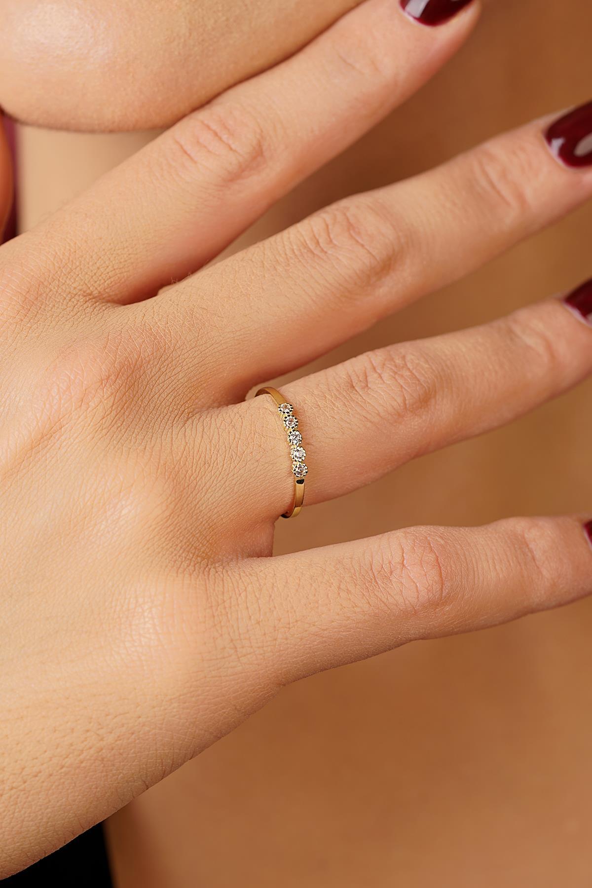 14 Ayar Altın Çiçek 5 Taş Yüzük - Fiyonk Kuyumculuk (1)