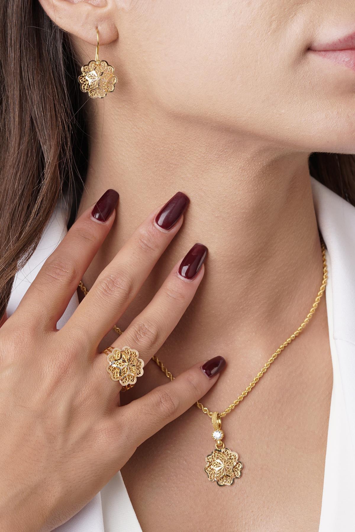 14 Ayar Altın Gül Motifli Telkari Set - Anne Seti - Fiyonk Kuyumculuk