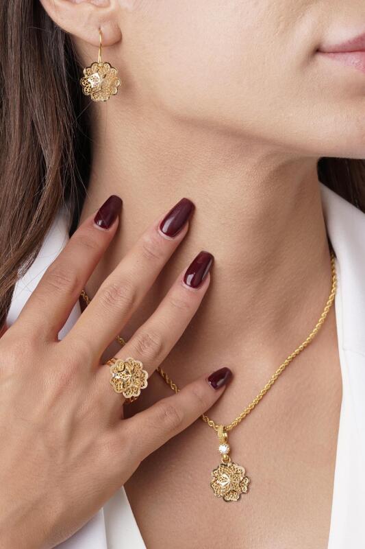 14 Ayar Altın Gül Motifli Telkari Set - Anne Seti - Fiyonk Kuyumculuk