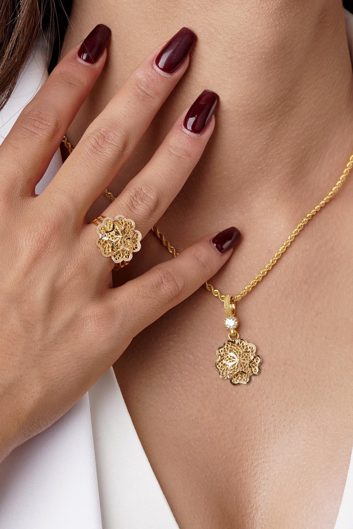 14 Ayar Altın Gül Motifli Telkari Set - Anne Seti - Fiyonk Kuyumculuk (1)