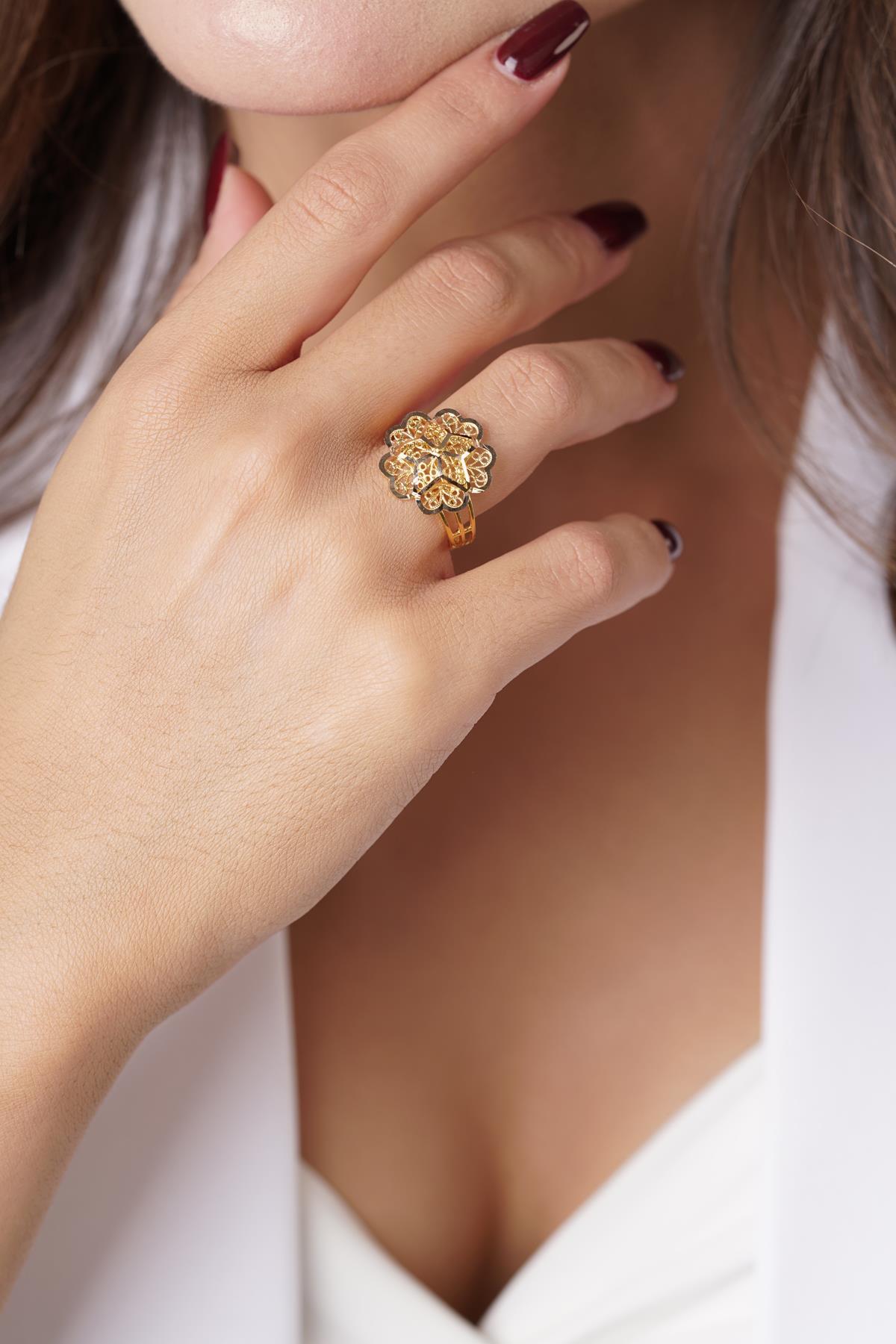 14 Ayar Altın Gül Motifli Telkari Yüzük - Anne Yüzüğü - Fiyonk Kuyumculuk