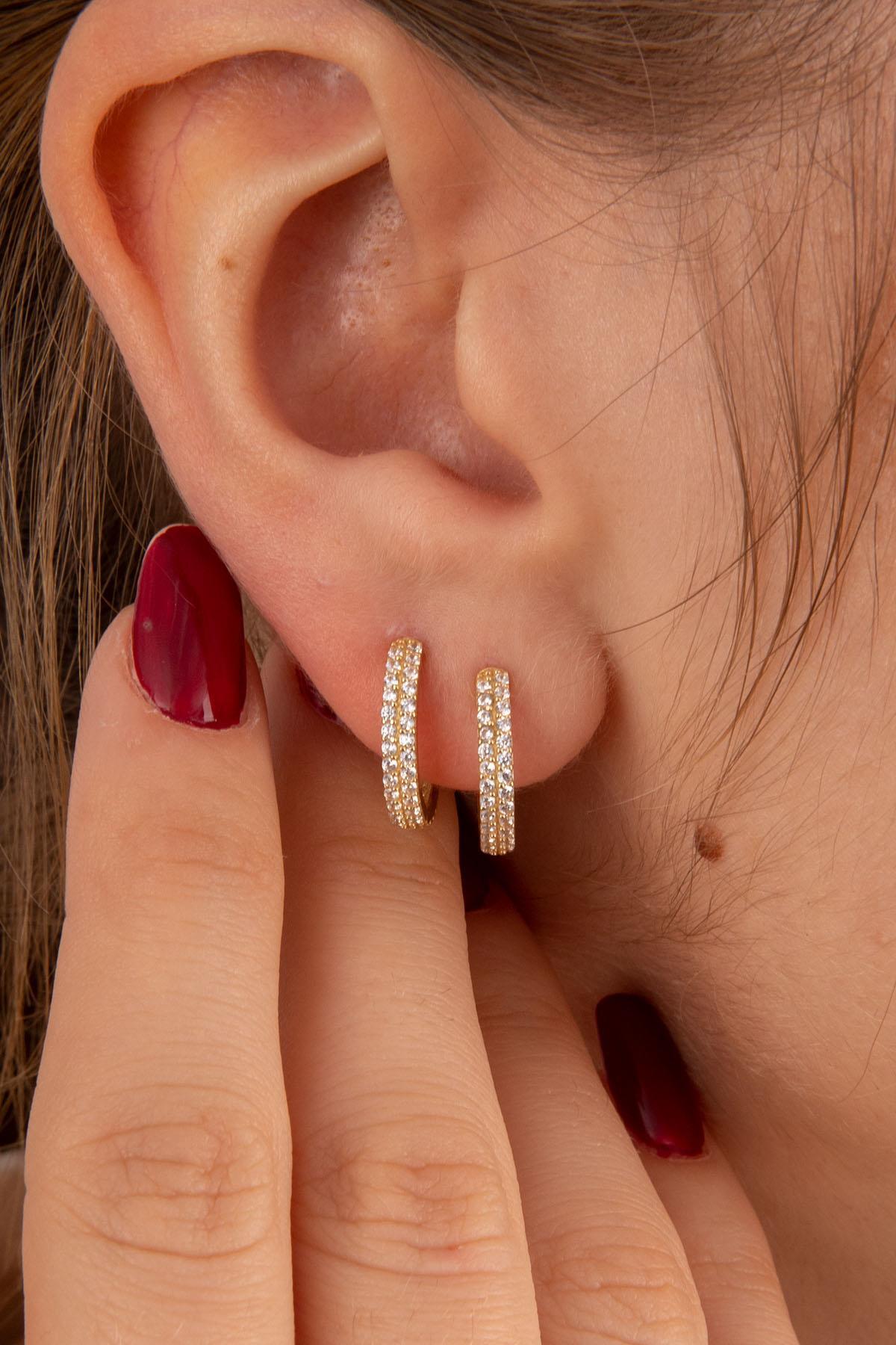 14 Ayar Altın Çift Sıra Taşlı Halka Küpe 5 - Fiyonk Kuyumculuk