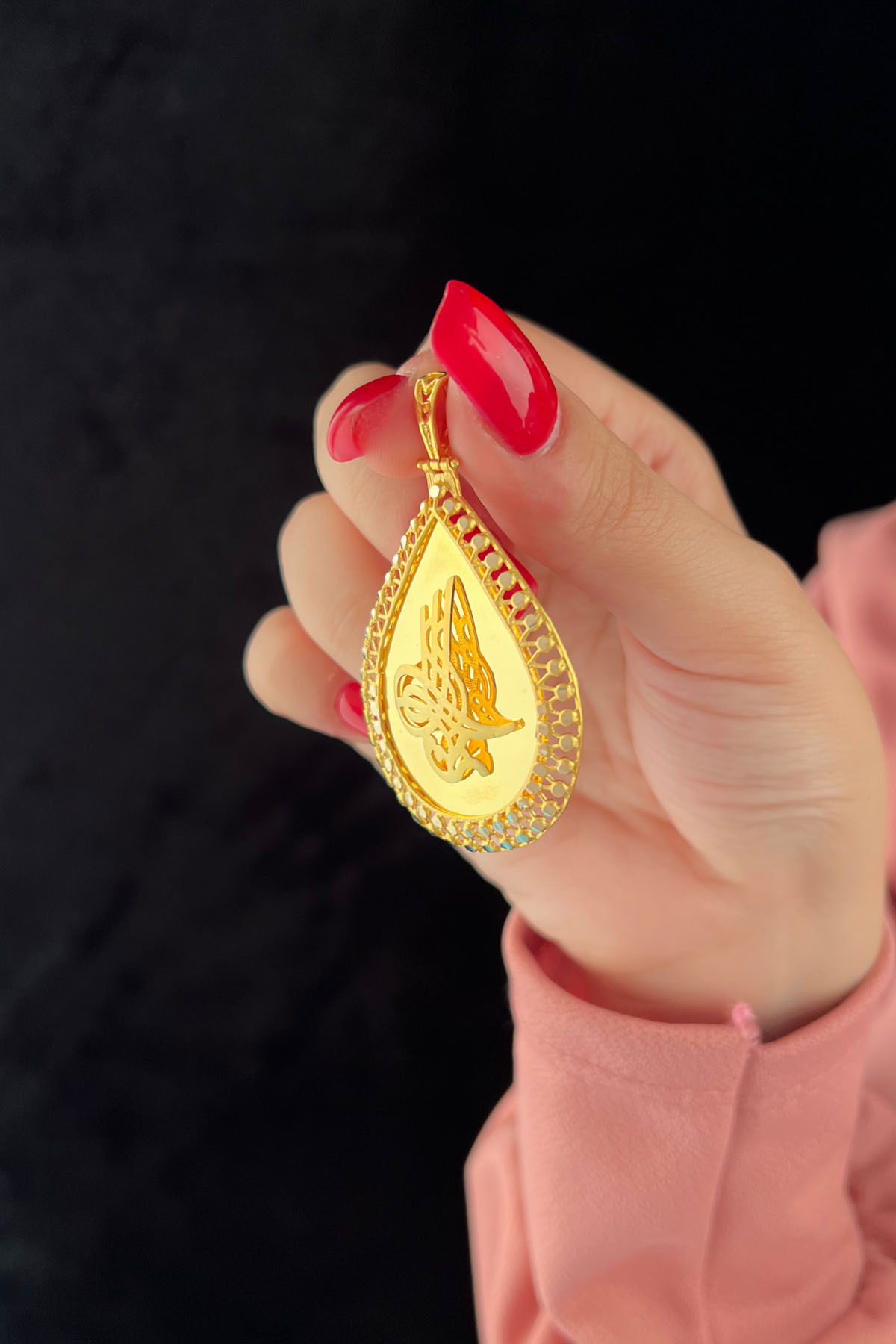 14 Ayar Altın Damla Desenli Tuğra Kolye Ucu - Fiyonk Kuyumculuk (1)