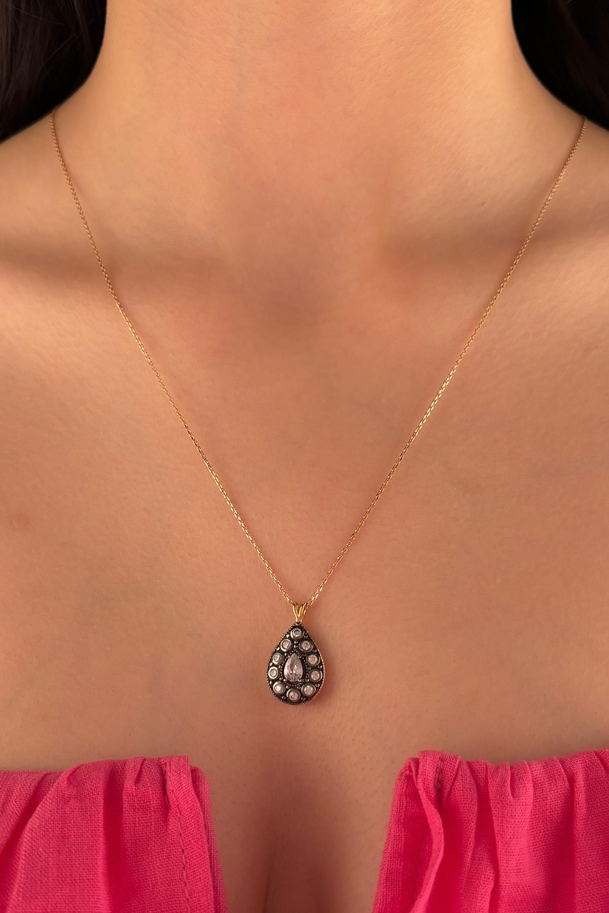 14 Ayar Altın Damla Taş Detaylı Kolye - Fiyonk Kuyumculuk