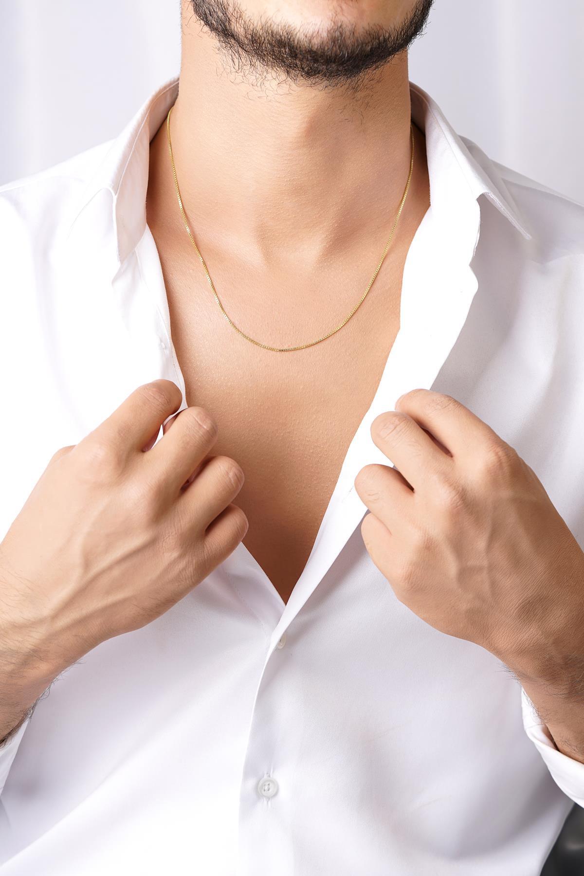 14 Ayar Altın Desenli Küp Erkek Zincir Kolye - Fiyonk Kuyumculuk