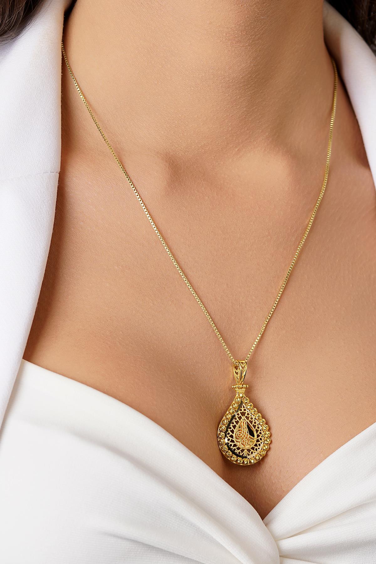 14 Ayar Altın Desenli Küp Zincirli Tuğra Uçlu Kolye - Fiyonk Kuyumculuk (1)