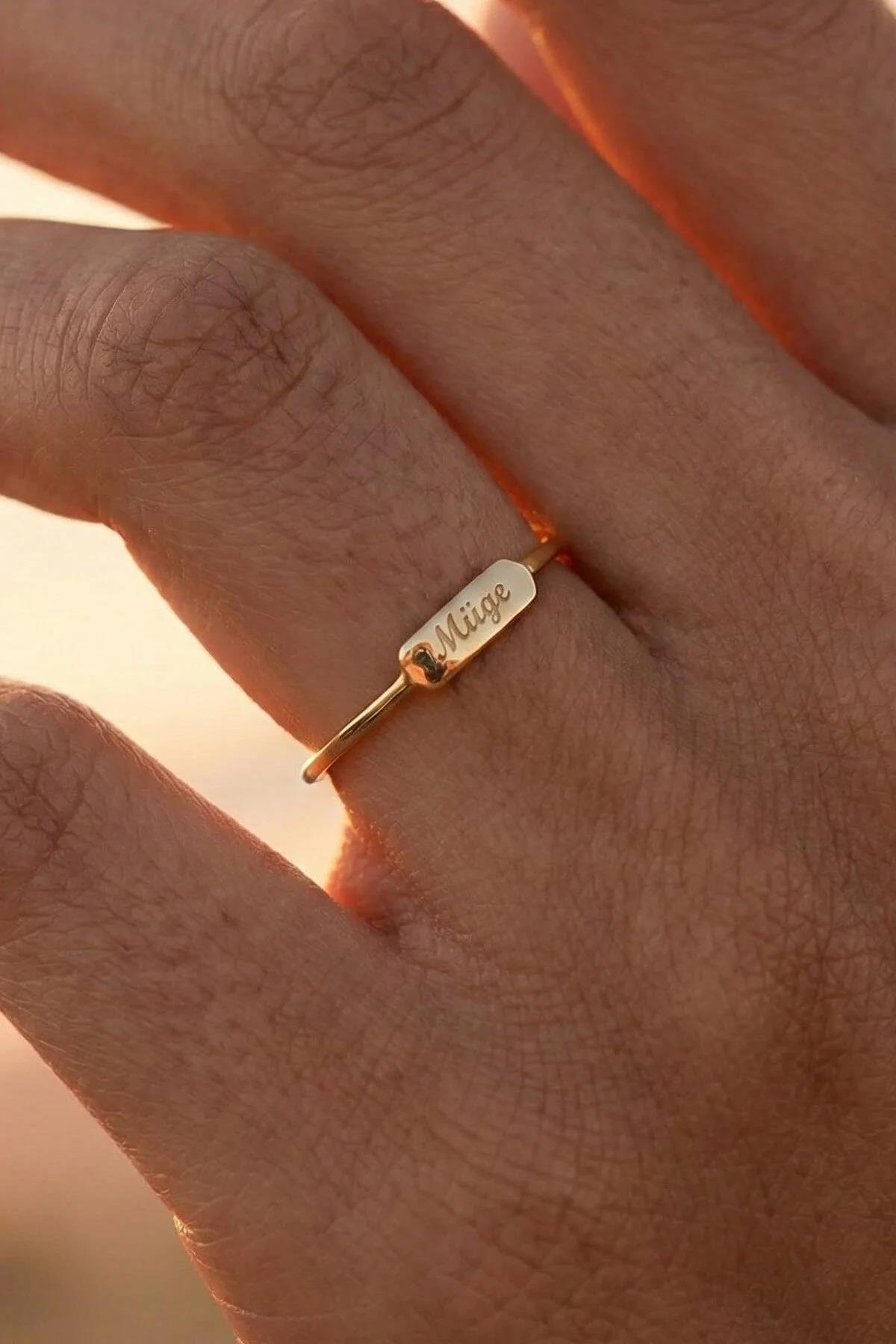 14 Ayar Altın Dikdörtgen Plaka Yüzük - Fiyonk Kuyumculuk