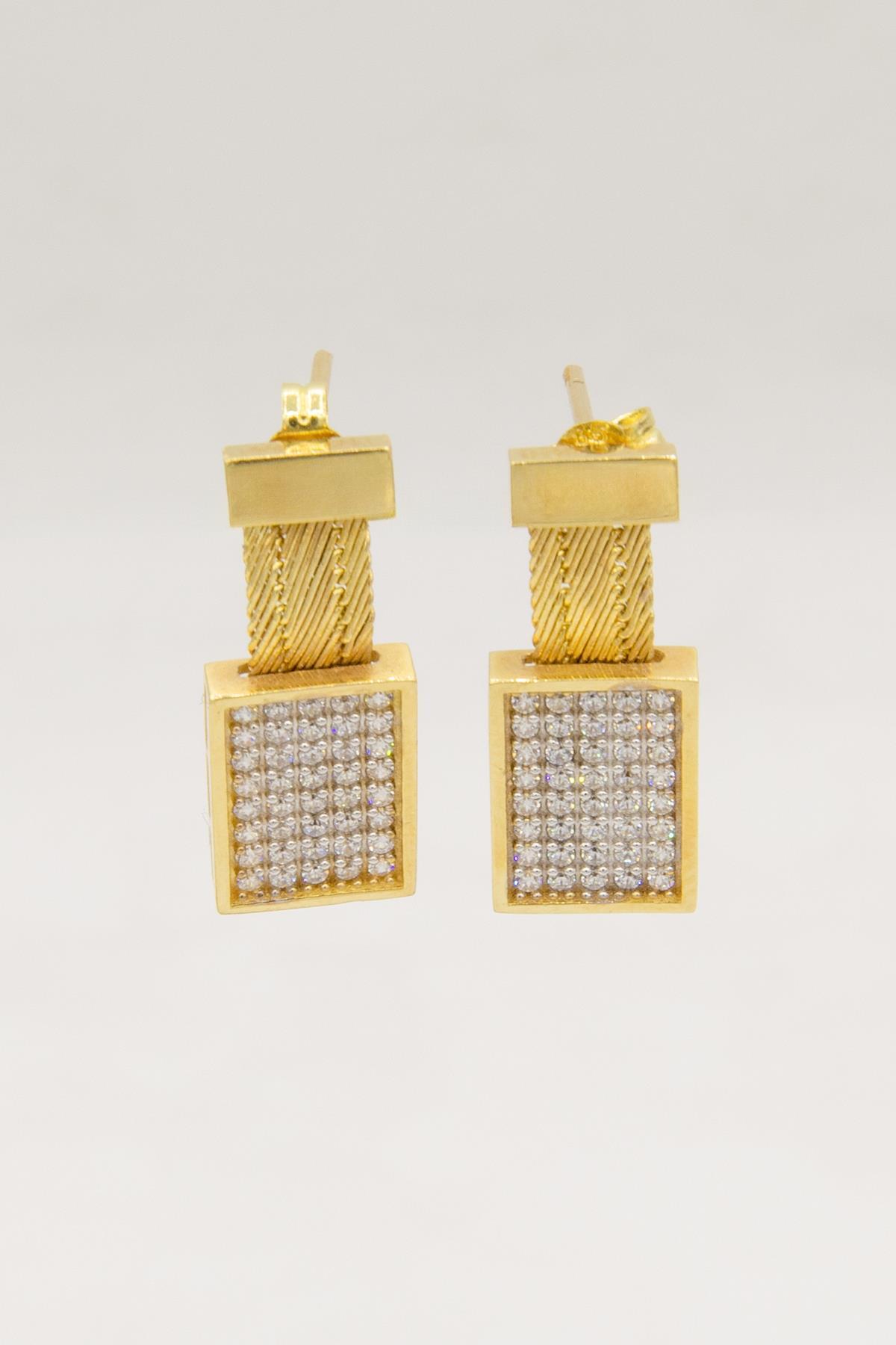 14 Ayar Altın Dikdörtgen Taş Detaylı Hasır Küpe - Fiyonk Kuyumculuk (1)