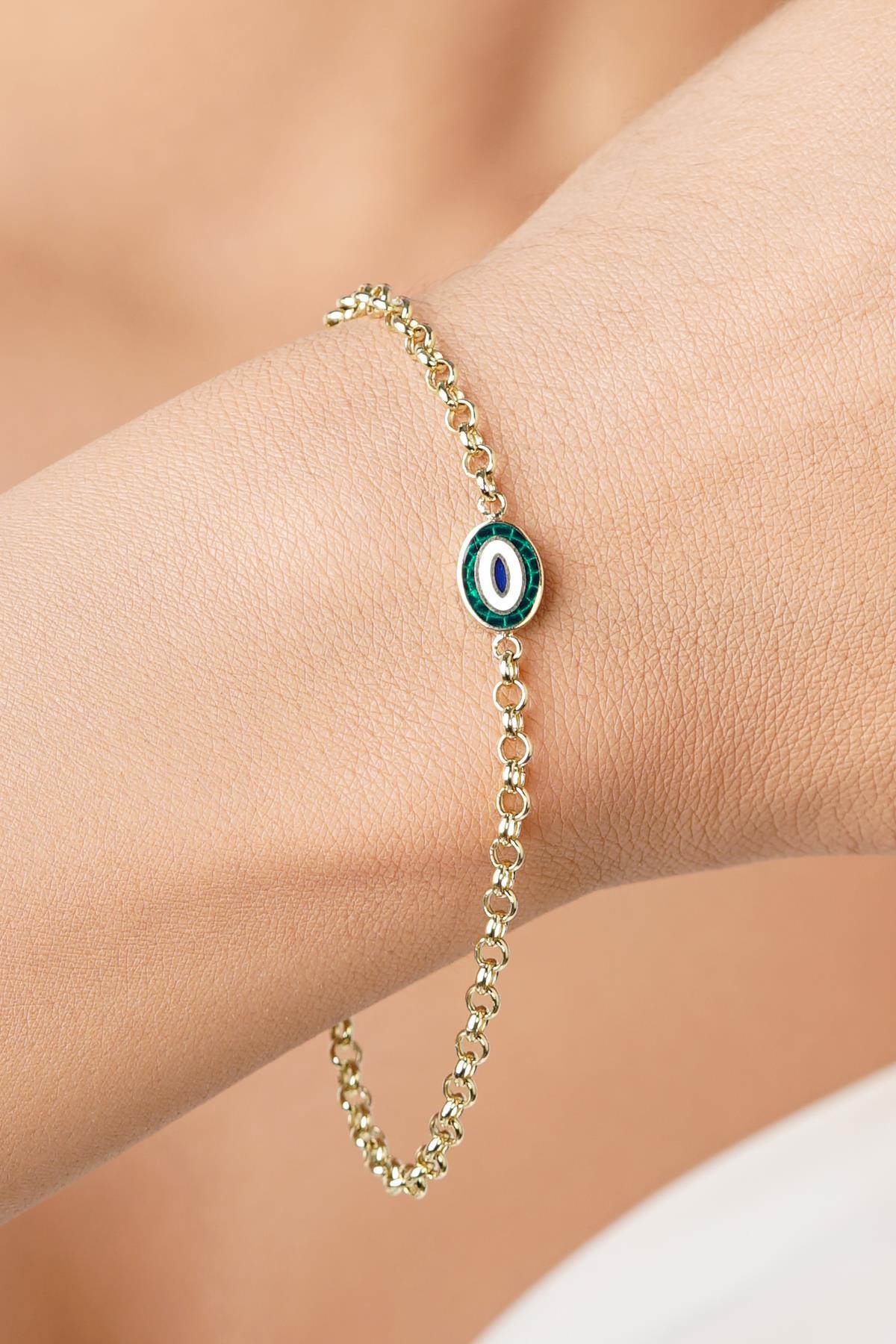 14 Ayar Altın Doch Zincirde Yeşil Mineli Nazarlık Bileklik - Fiyonk Kuyumculuk