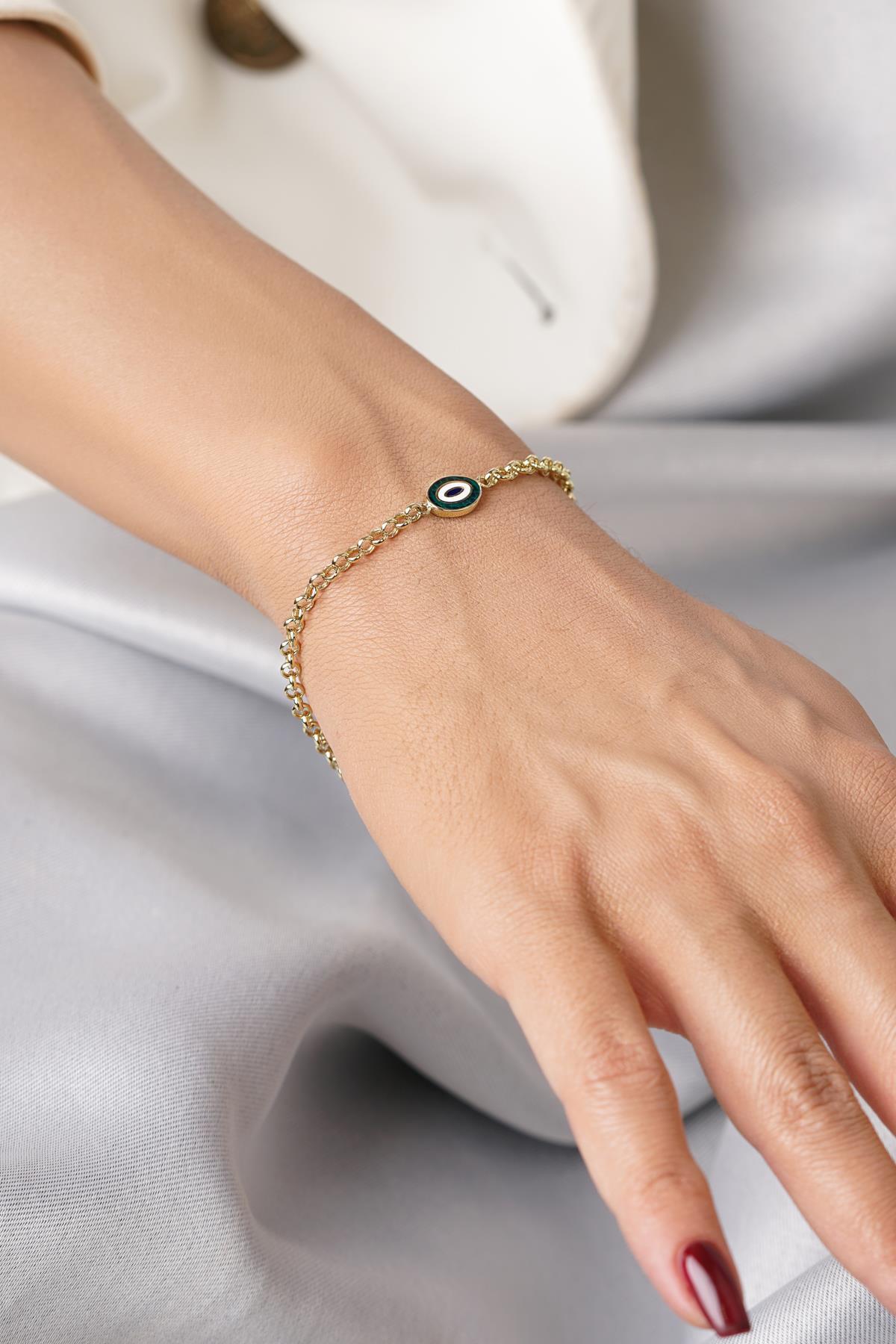 14 Ayar Altın Doch Zincirde Yeşil Mineli Nazarlık Bileklik - Fiyonk Kuyumculuk (1)