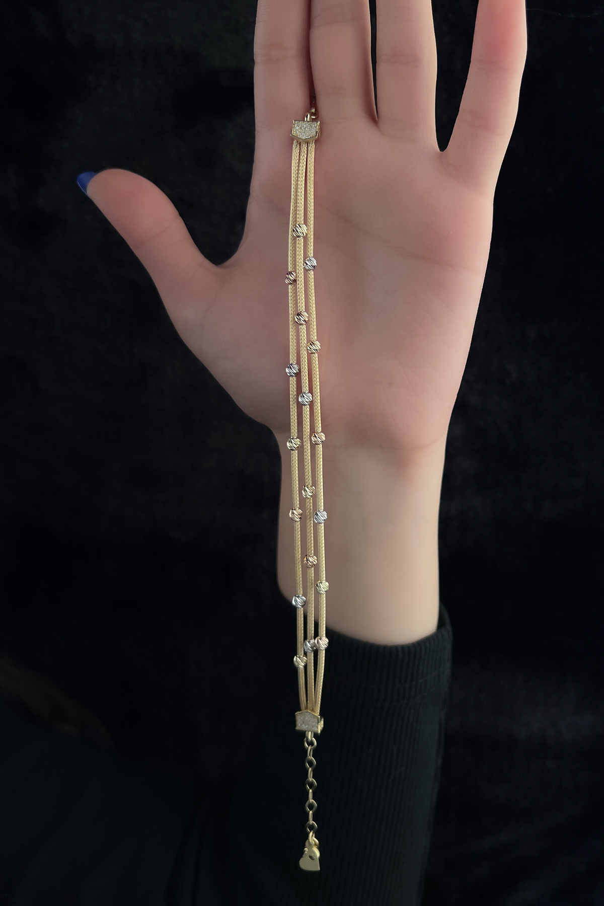 14 Ayar Altın Dorika Detaylı 3 Sıra Tilki Kuyruğu Bileklik - Fiyonk Kuyumculuk (1)