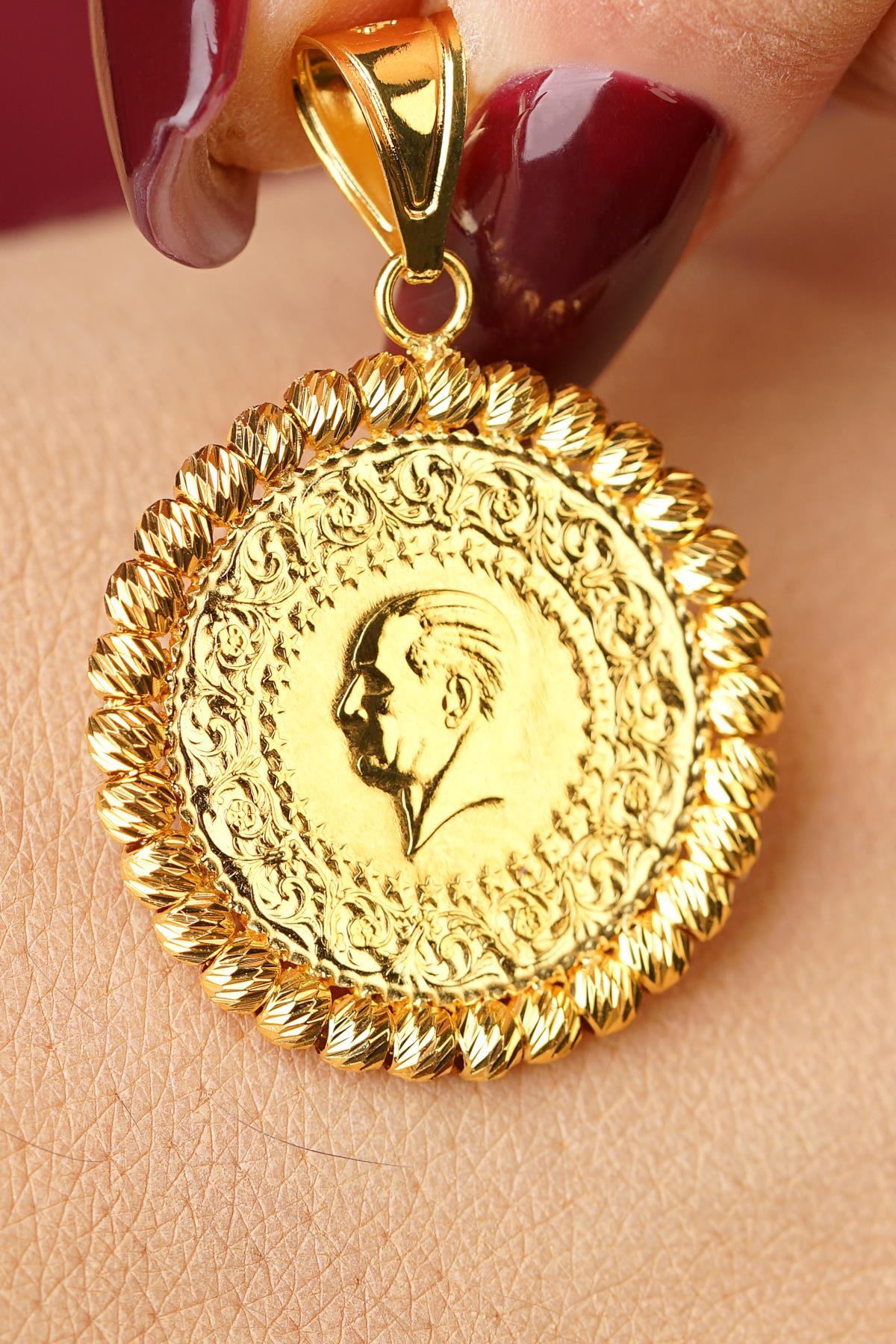 14 Ayar Altın Dorika Top Detaylı Çeyrek Altınlı Kolye Ucu - Fiyonk Kuyumculuk