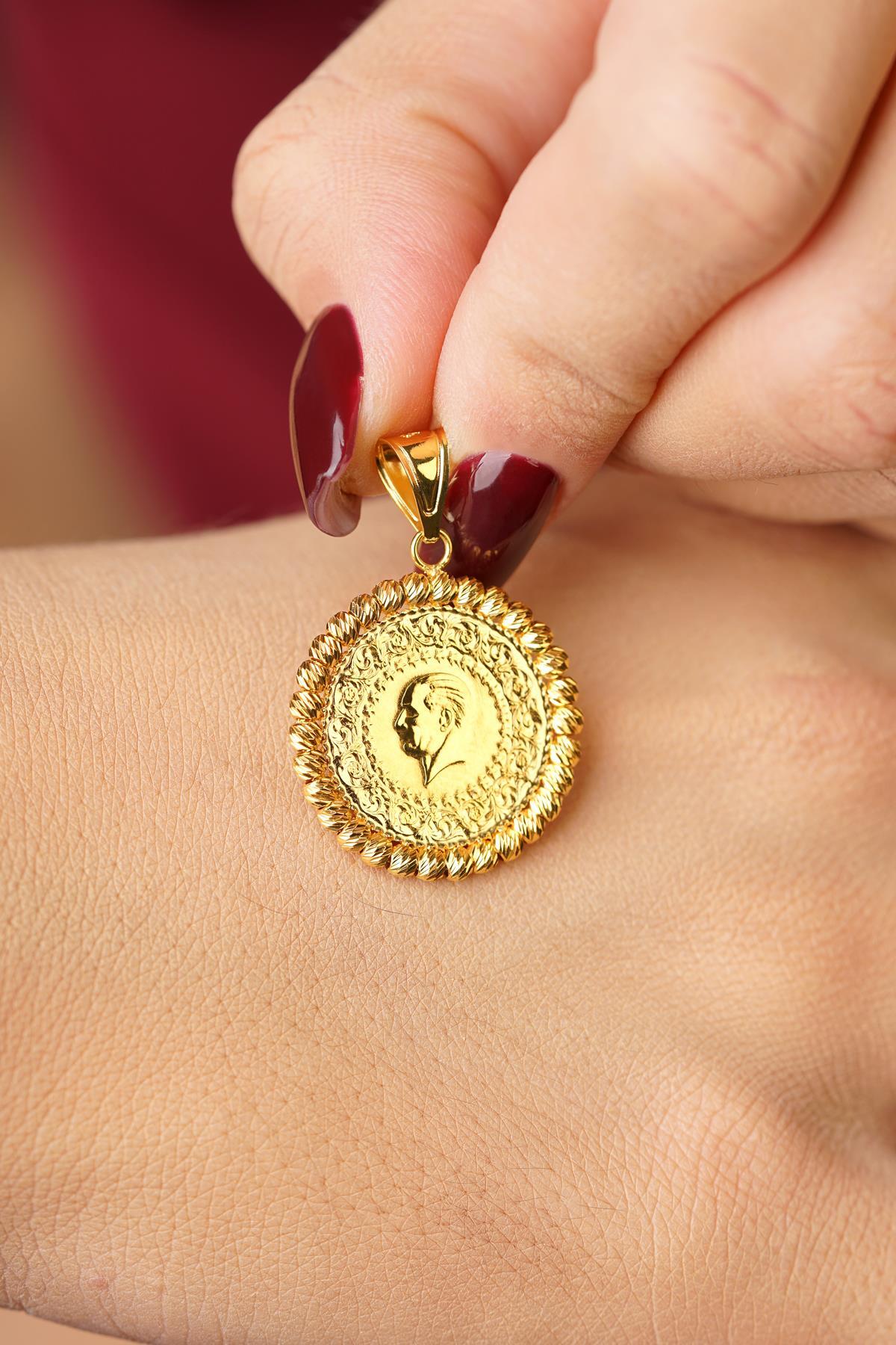 14 Ayar Altın Dorika Top Detaylı Çeyrek Altınlı Kolye Ucu - Fiyonk Kuyumculuk (1)