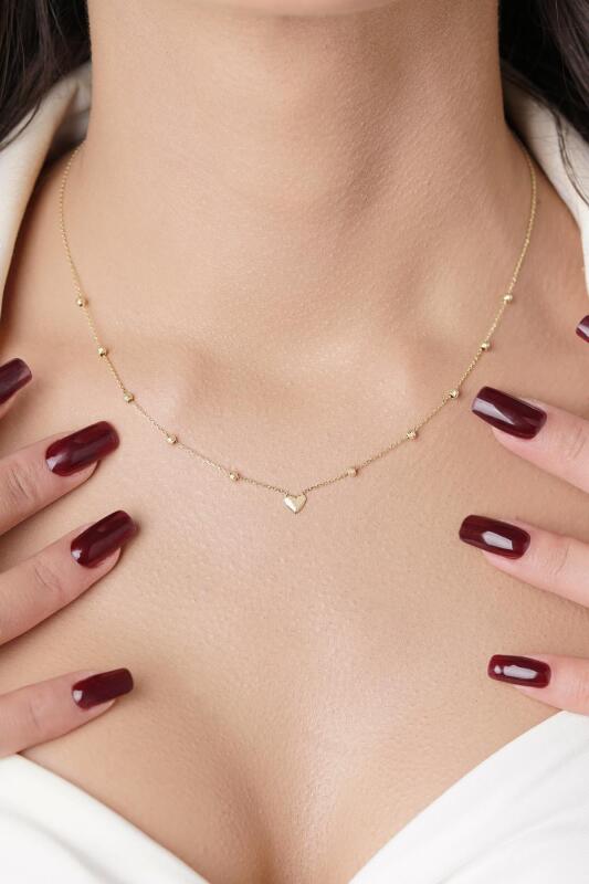 14 Ayar Altın Dorika Top Detaylı Kalp Kolye - Fiyonk Kuyumculuk