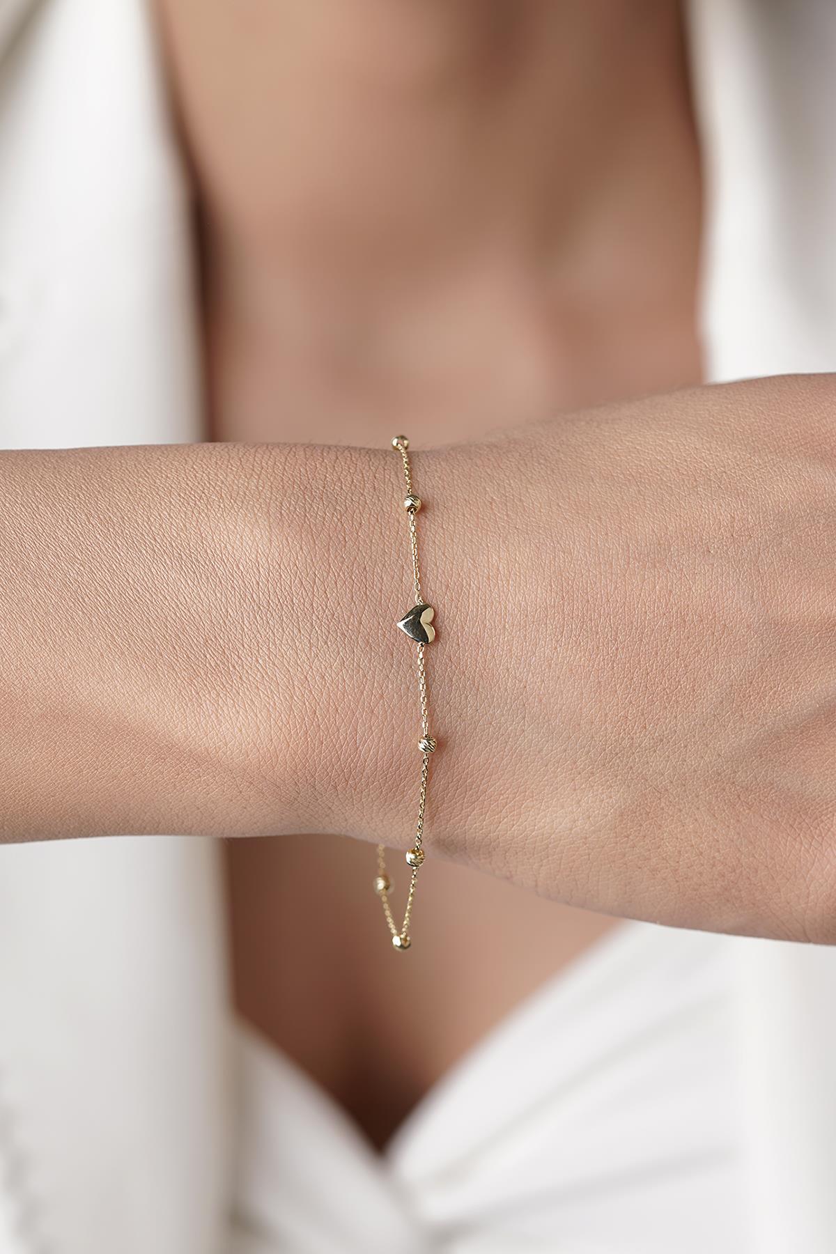 14 Ayar Altın Dorika Top Detaylı Kalpli Bileklik - Fiyonk Kuyumculuk (1)