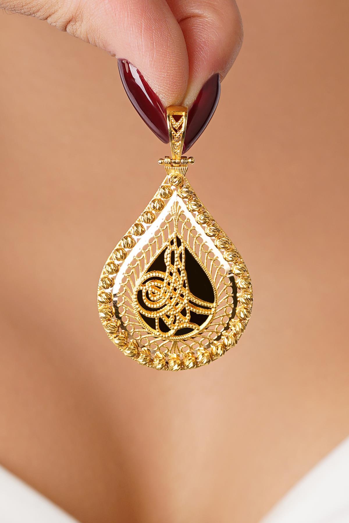 14 Ayar Altın Dorika Top Detaylı Tuğra Kolye Ucu - Fiyonk Kuyumculuk