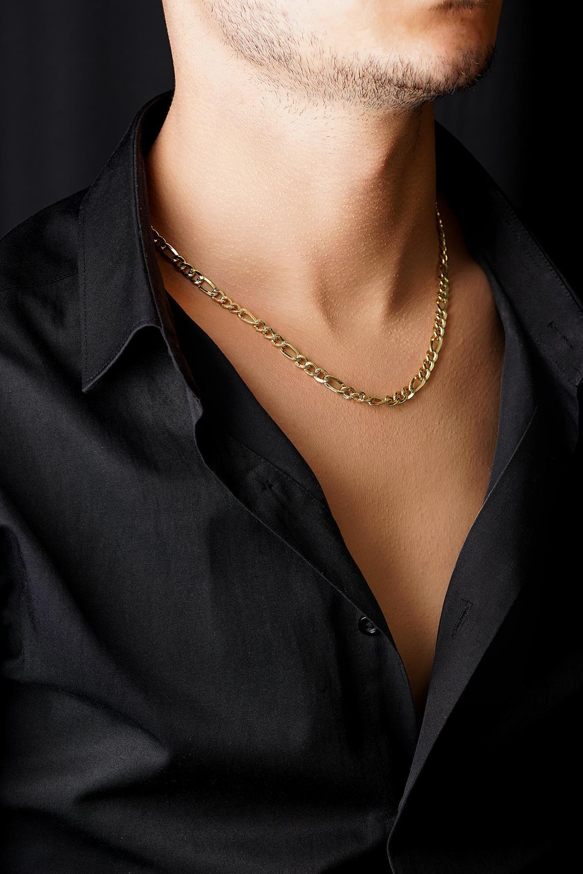 14 Ayar Altın Figaro Yassı Zincir Erkek Kolye - Fiyonk Kuyumculuk (1)