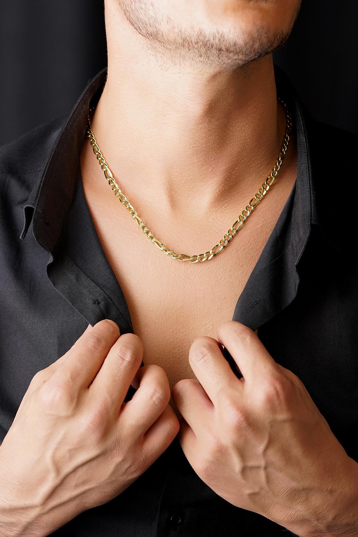 14 Ayar Altın Figaro Yassı Zincir Erkek Kolye - Fiyonk Kuyumculuk (1)