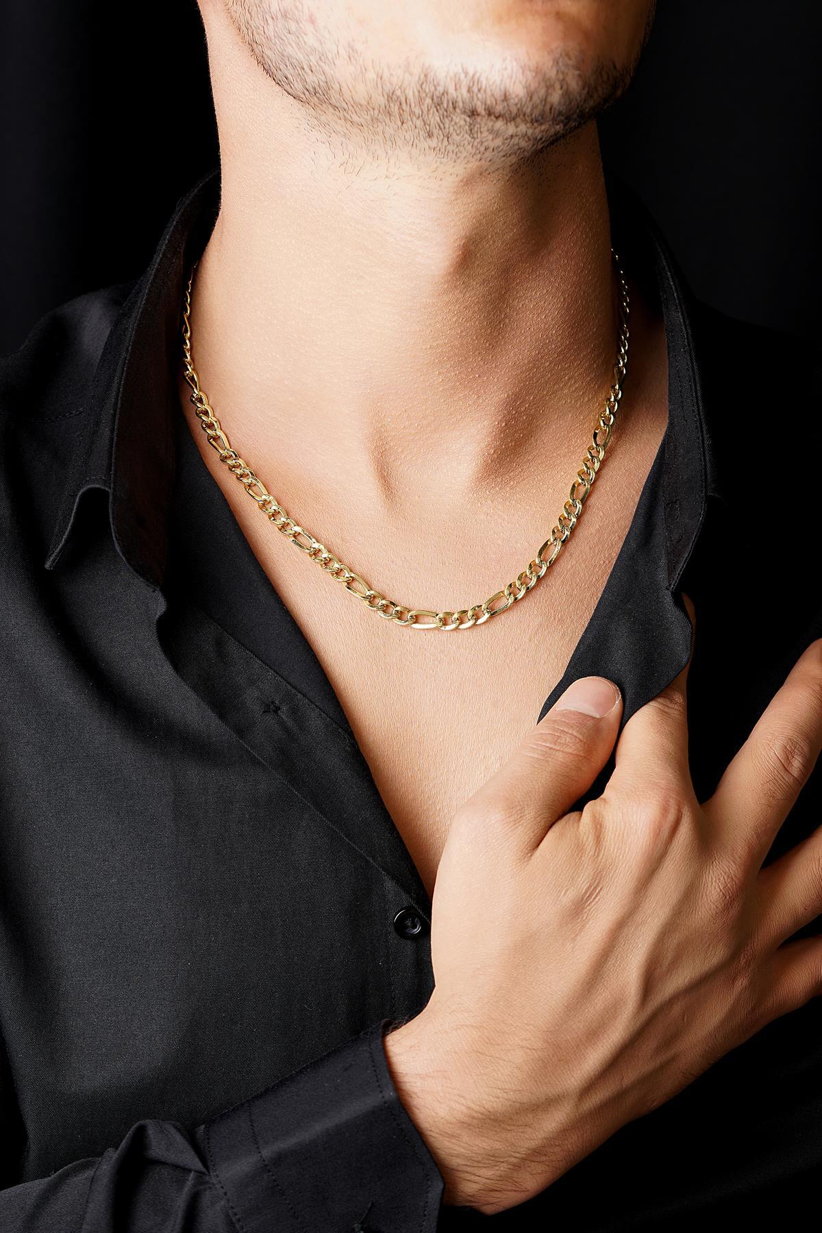 14 Ayar Altın Figaro Yassı Zincir Erkek Kolye - Fiyonk Kuyumculuk (1)