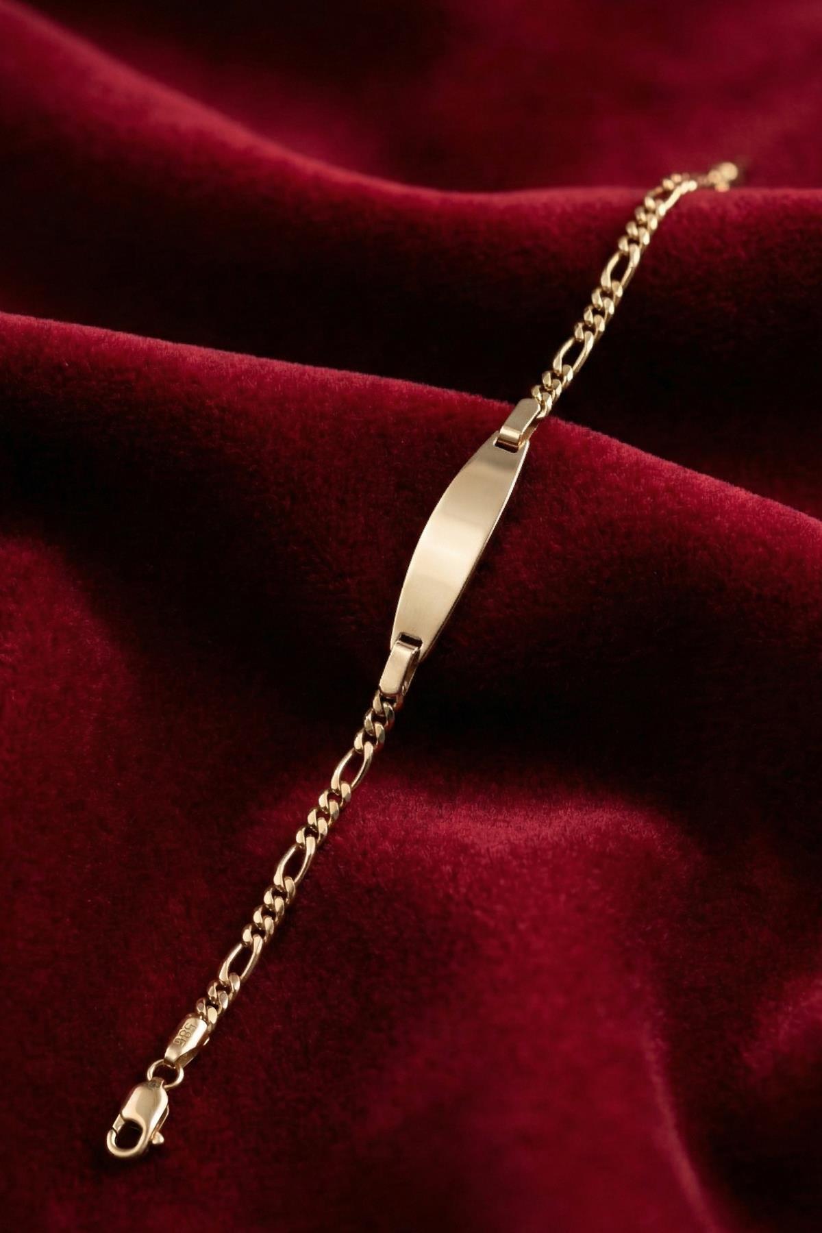 14 Ayar Altın Figaro Zincirli Oval Plaka Bebek Çocuk Künyesi - Fiyonk Kuyumculuk (1)