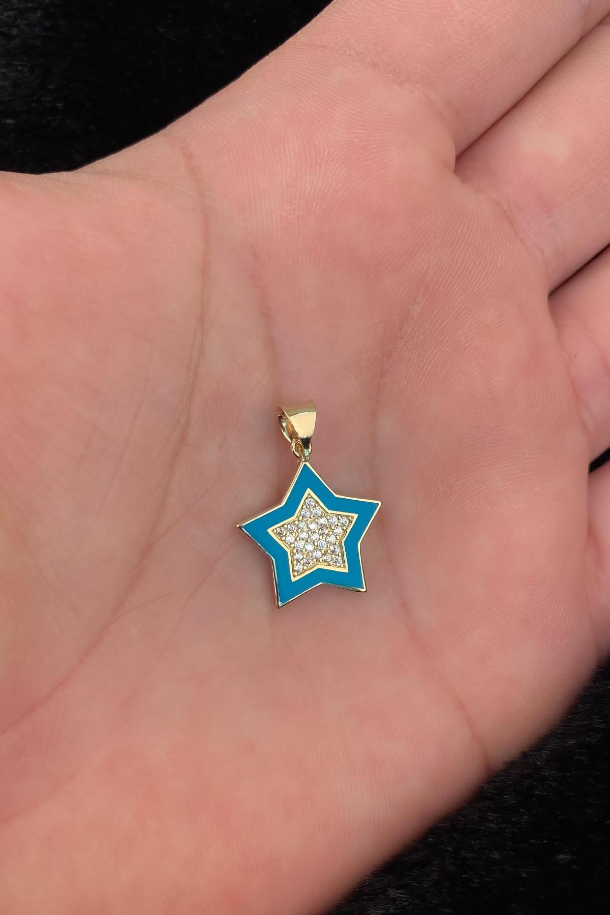 14 Ayar Altın Firuze Şerit Detaylı Taşlı Yıldız Kolye Ucu