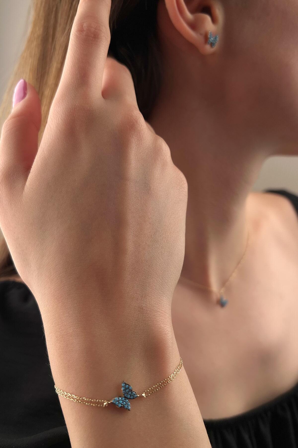 14 Ayar Altın Firuze Taş Detaylı Kelebek Set - Fiyonk Kuyumculuk