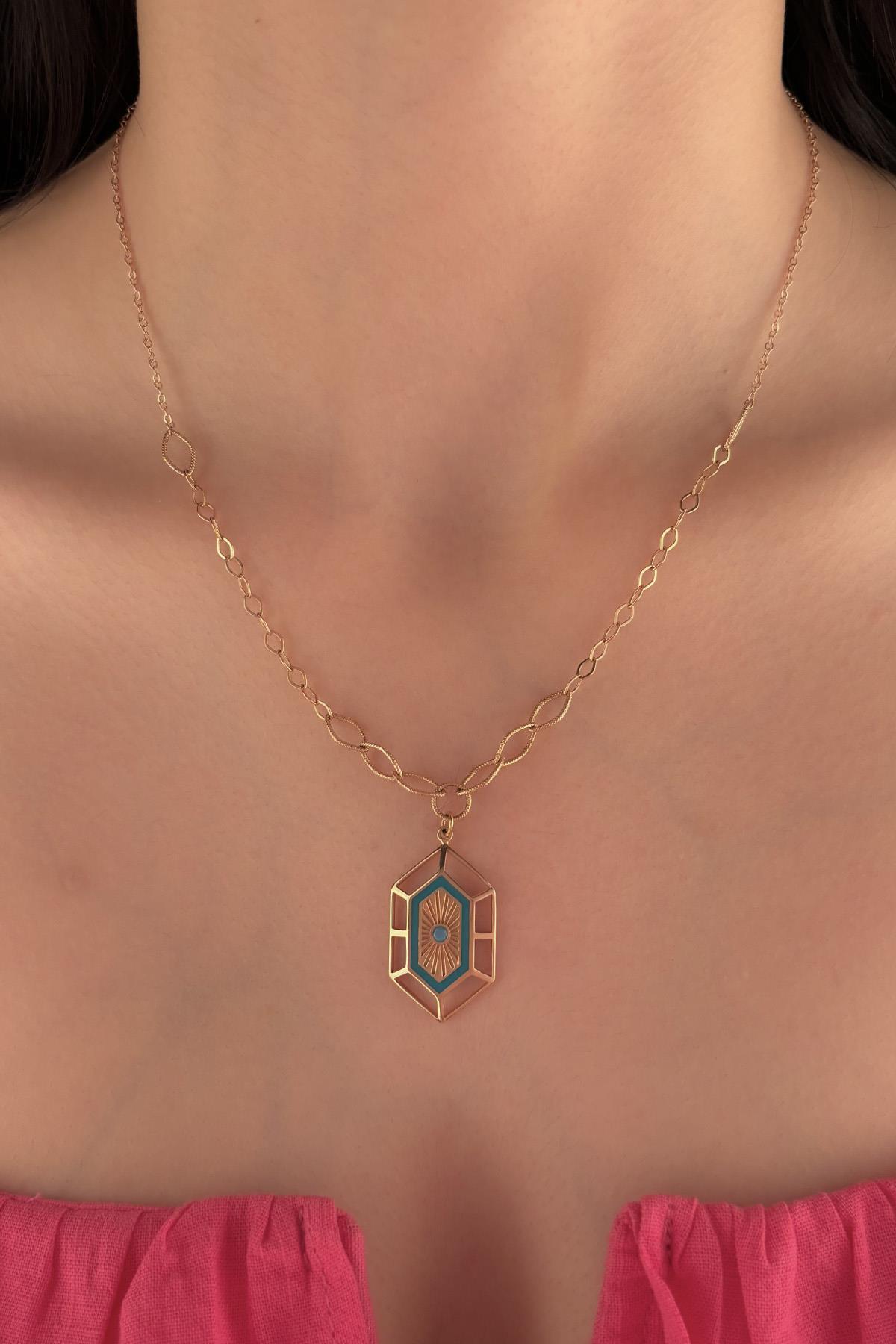 14 Ayar Altın Firuze Taşlı Altıgen Kolye - Fiyonk Kuyumculuk