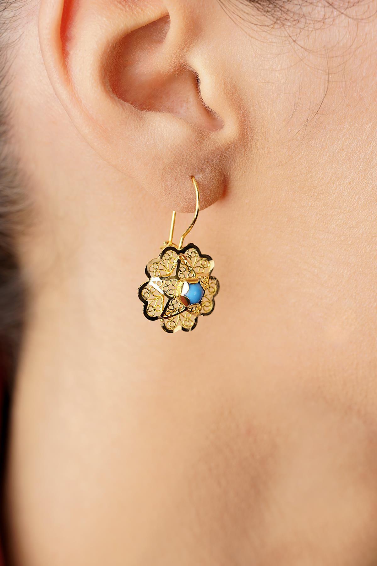 14 Ayar Altın Firuze Taşlı Gül Motifli Telkari Küpe - Anne Küpesi - Fiyonk Kuyumculuk (1)