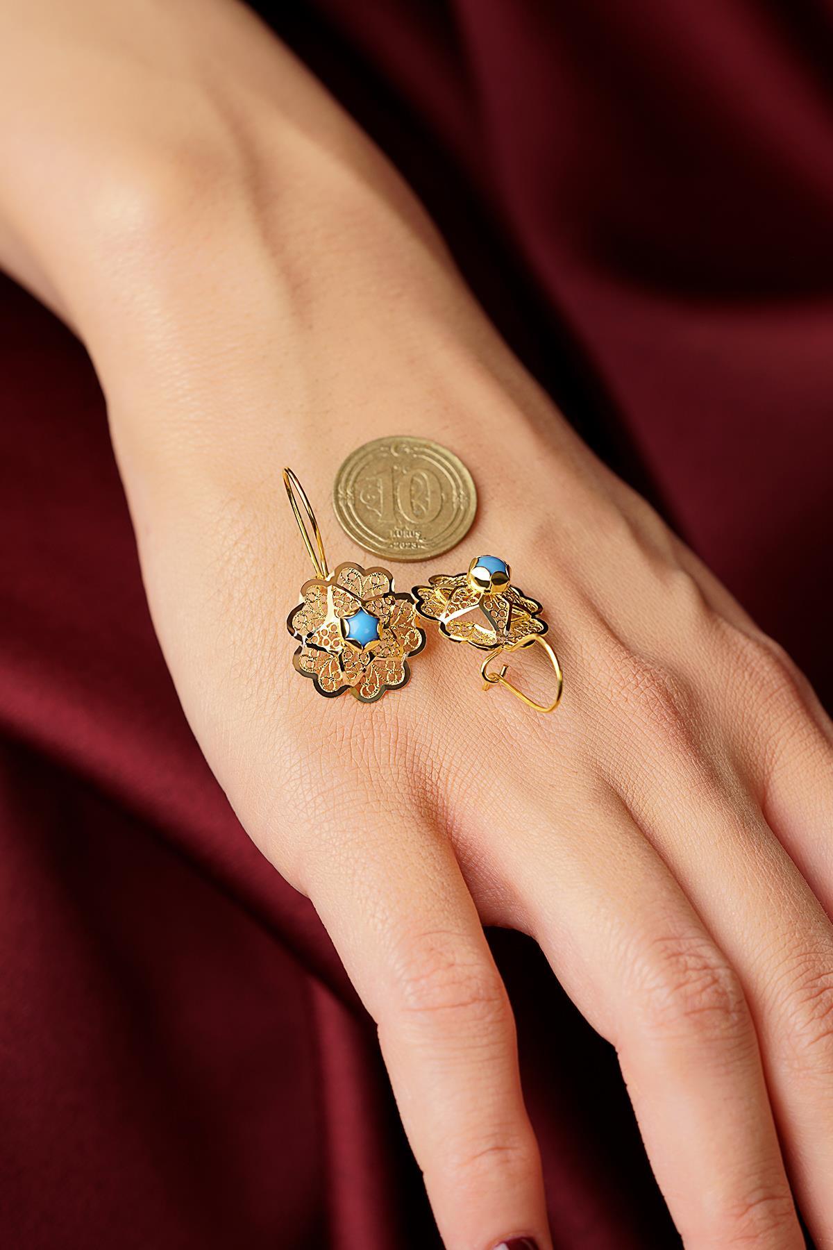 14 Ayar Altın Firuze Taşlı Gül Motifli Telkari Küpe - Anne Küpesi - Fiyonk Kuyumculuk (1)