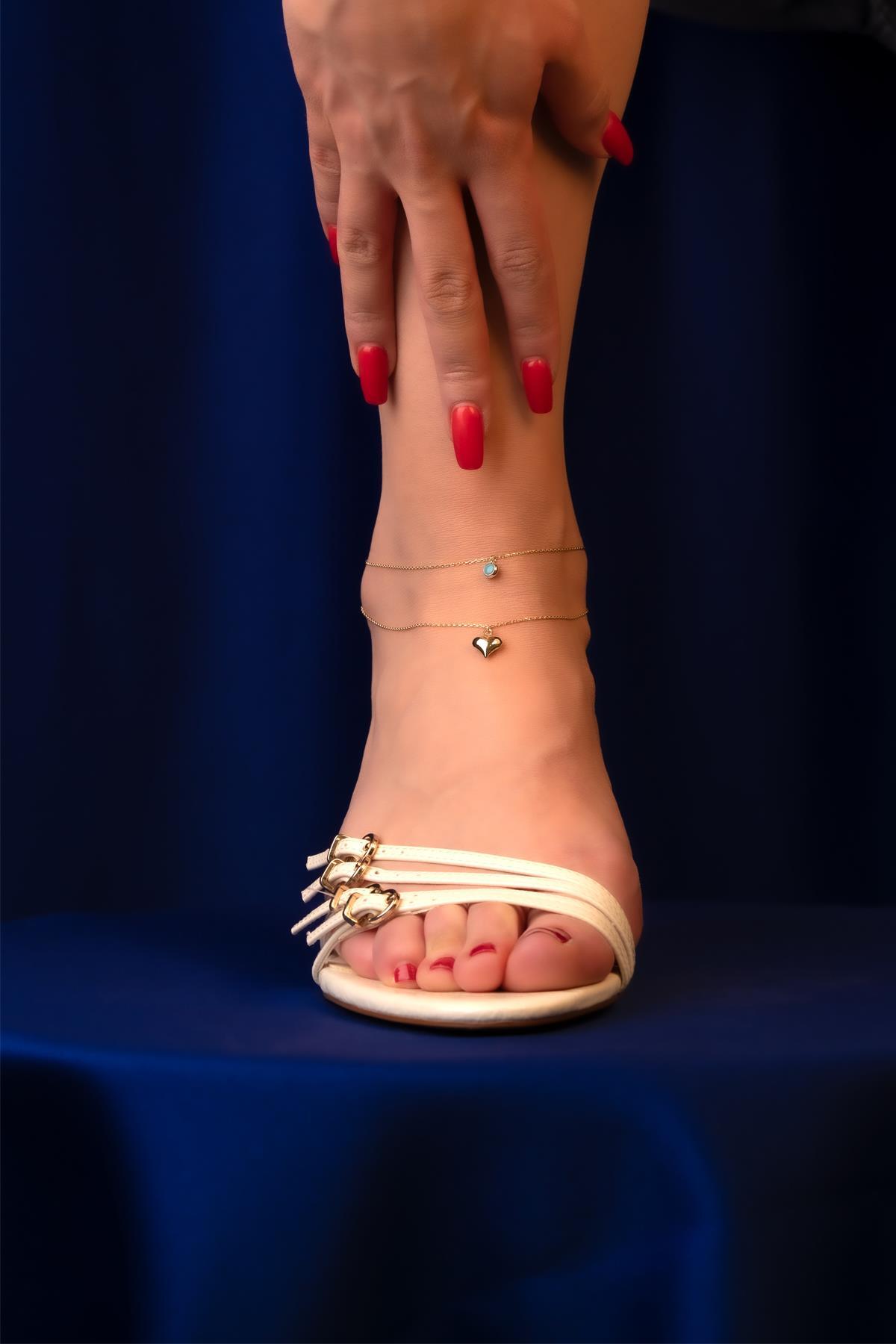 14 Ayar Altın Firuze Taşlı Kalp Halhal - Fiyonk Kuyumculuk (1)