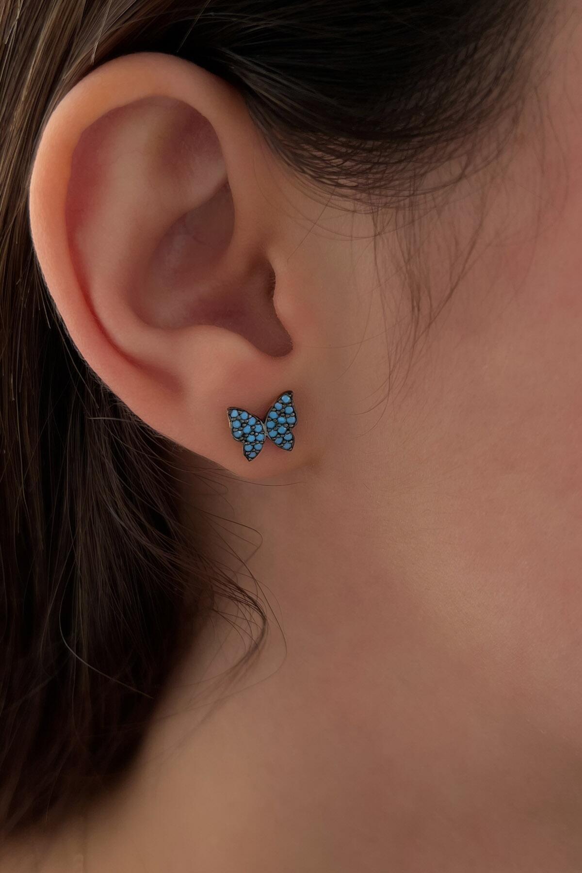 14 Ayar Altın Firuze Taşlı Kelebek Küpe - Fiyonk Kuyumculuk