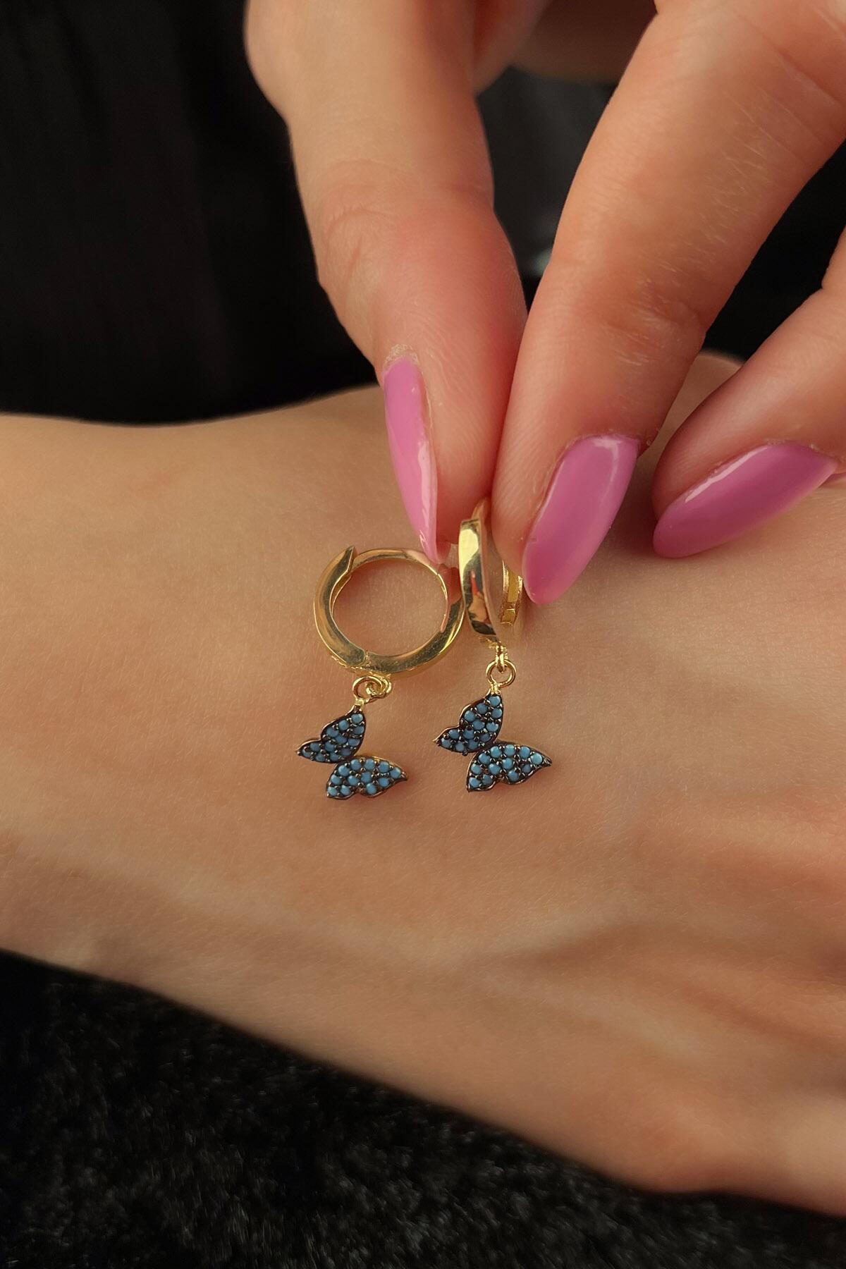 14 Ayar Altın Firuze Taşlı Kelebek Sallantılı Halka Küpe - Fiyonk Kuyumculuk (1)