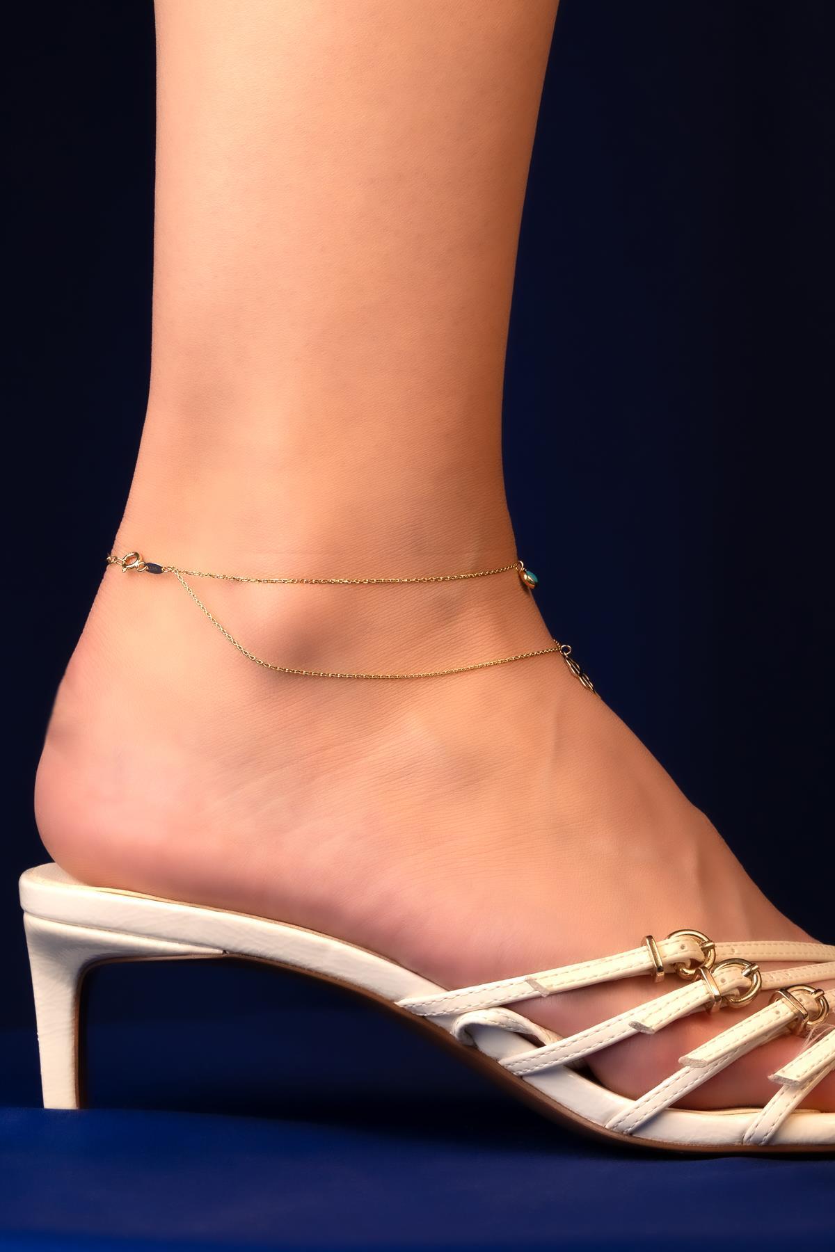 14 Ayar Altın Firuze Taşlı Şans Yoncası Halhal - Fiyonk Kuyumculuk (1)