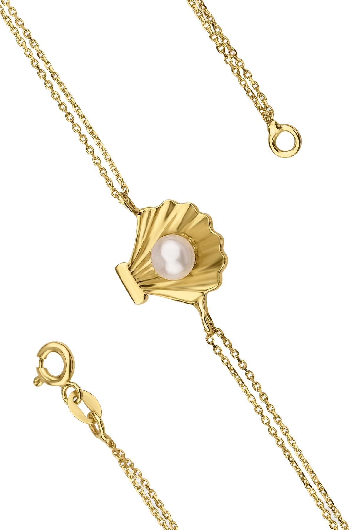 14 Ayar Altın Geniş İstiridye İncili Bileklik - Fiyonk Kuyumculuk