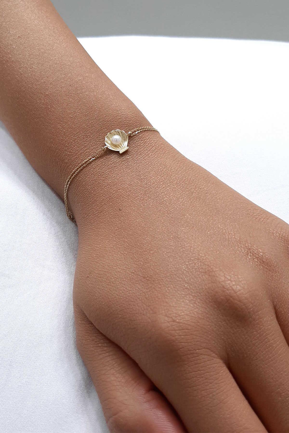 14 Ayar Altın Geniş İstiridye İncili Bileklik - Fiyonk Kuyumculuk (1)